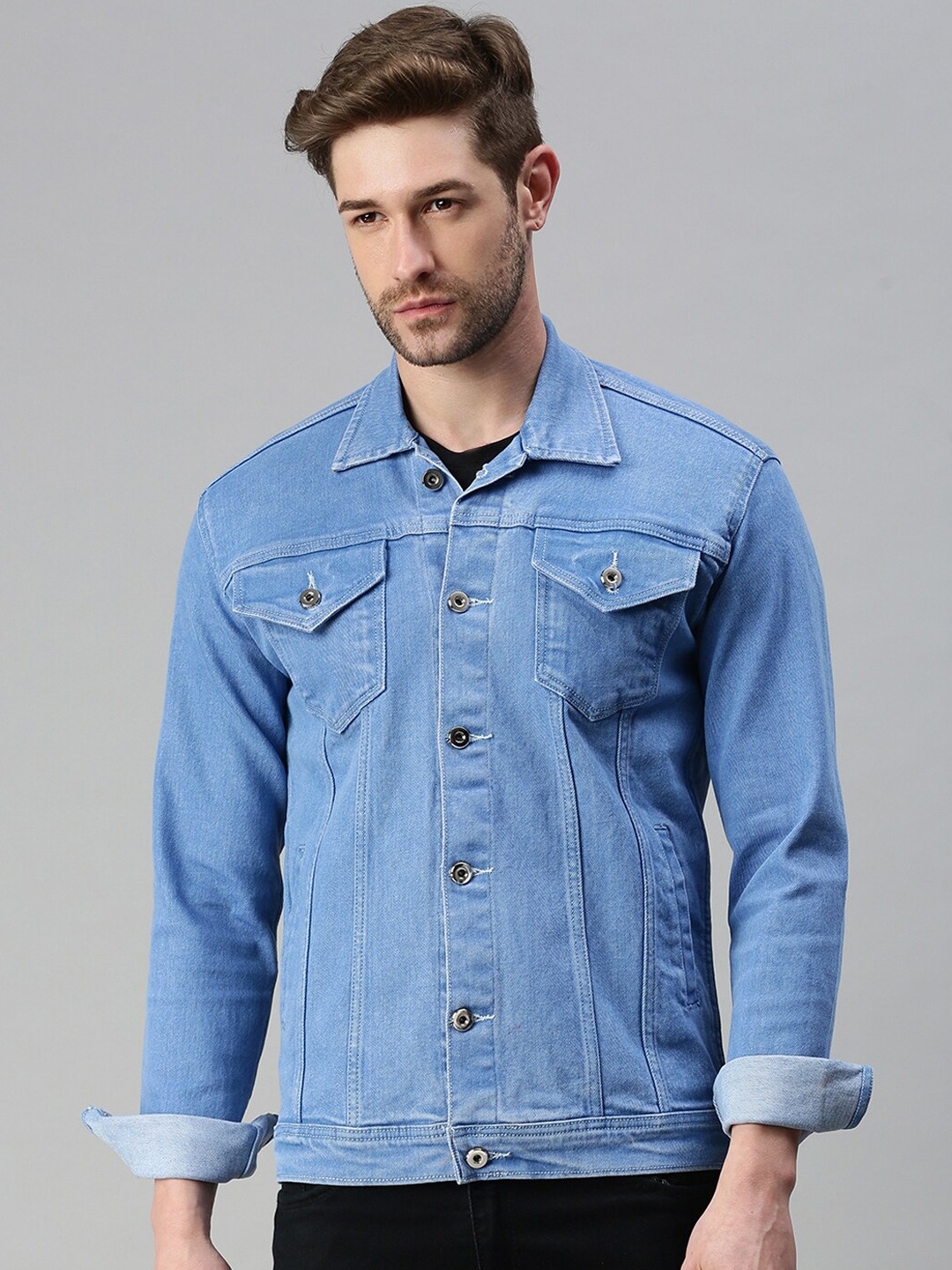 

SHOWOFF Washed Spread Collar Windcheater Denim Jacket, Blue