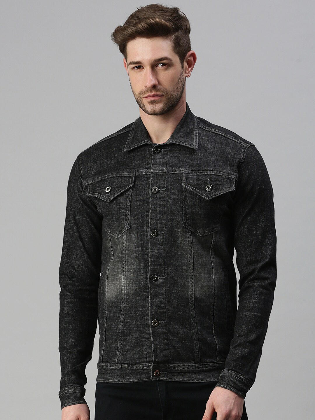 

SHOWOFF Washed Spread Collar Windcheater Denim Jacket, Grey