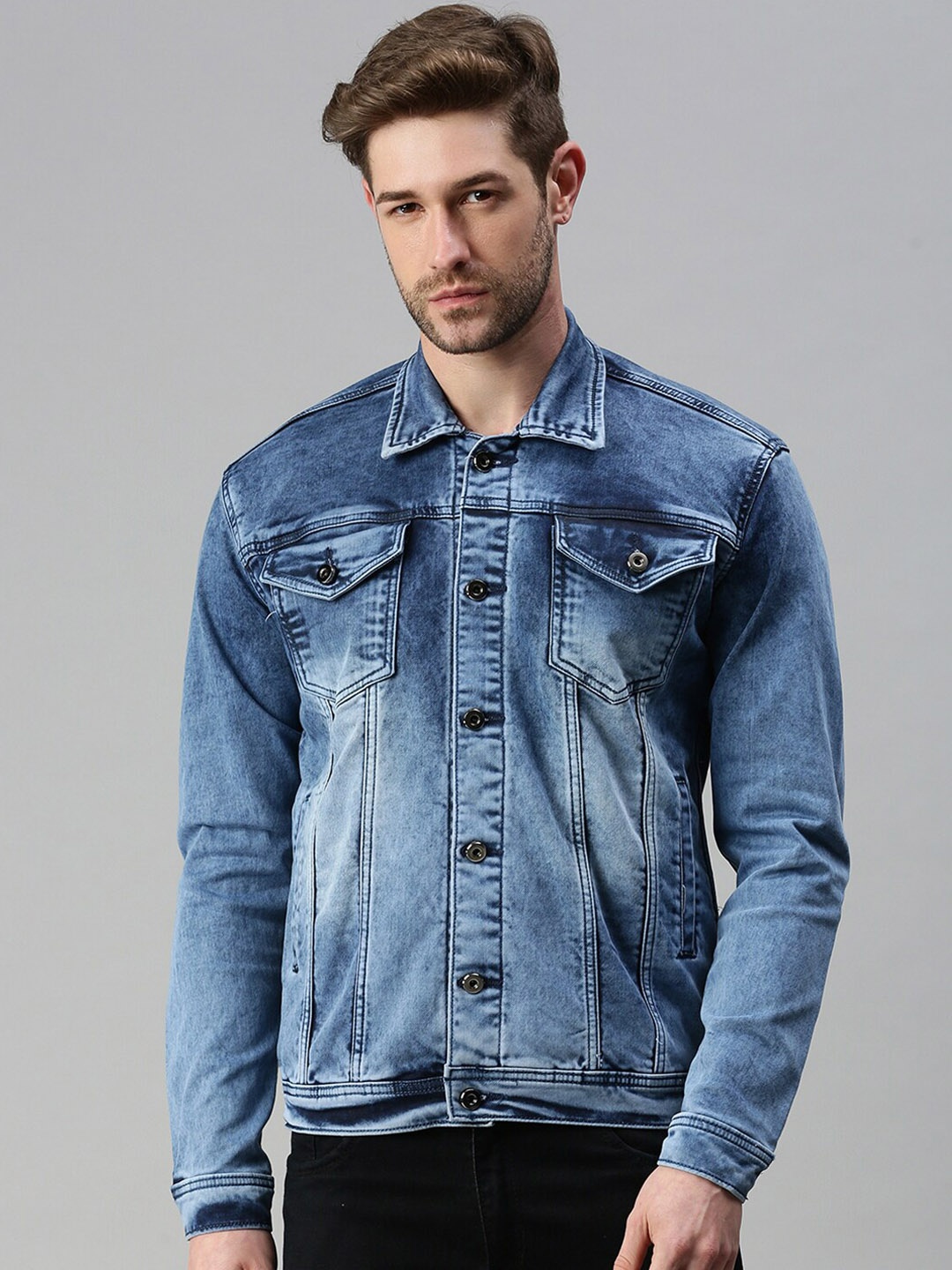 

SHOWOFF Washed Spread Collar Windcheater Patchwork Denim Truckers Denim Jacket, Turquoise blue