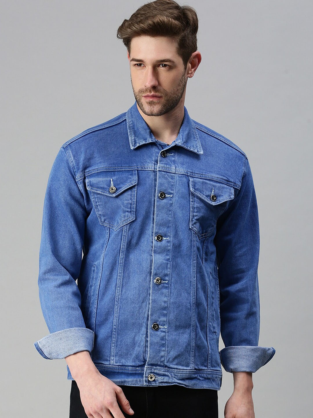 

SHOWOFF Spread Collar Windcheater Patchwork Denim Truckers Denim Jacket, Blue