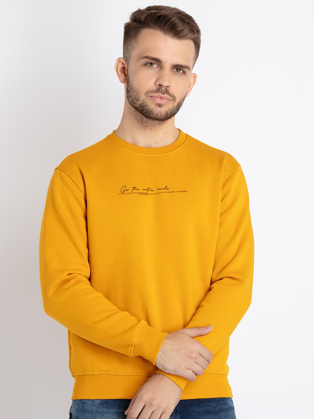 

Status Quo Typography Printed Cotton Sweatshirt, Mustard