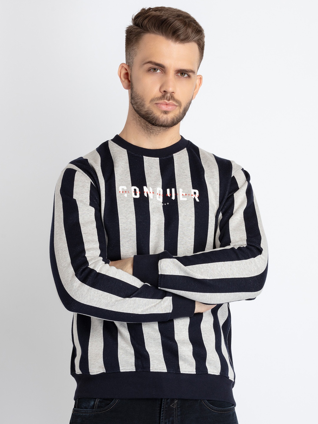 

Status Quo Vertical Striped Cotton Sweatshirt, Beige