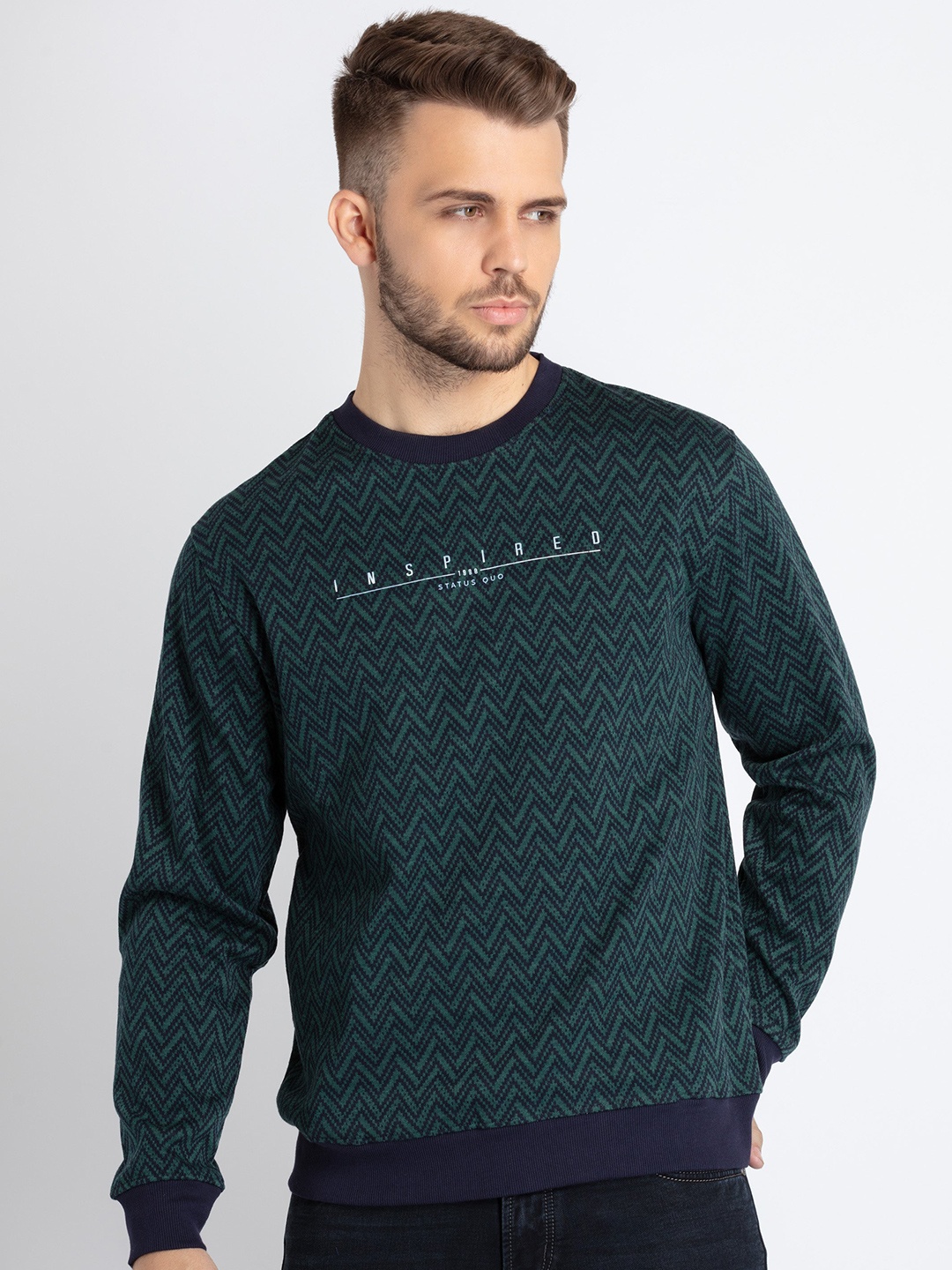

Status Quo Printed Round Neck Cotton Sweatshirt, Green