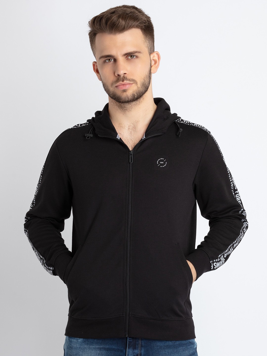 

Status Quo Cotton Hooded Lightweight Front-Open Sweatshirt, Black