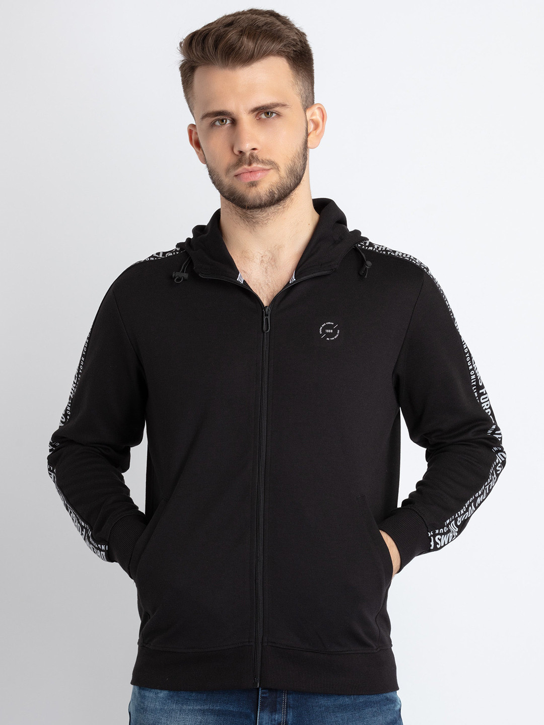 

Status Quo Front-Open Cotton Hooded Sweatshirt, Black