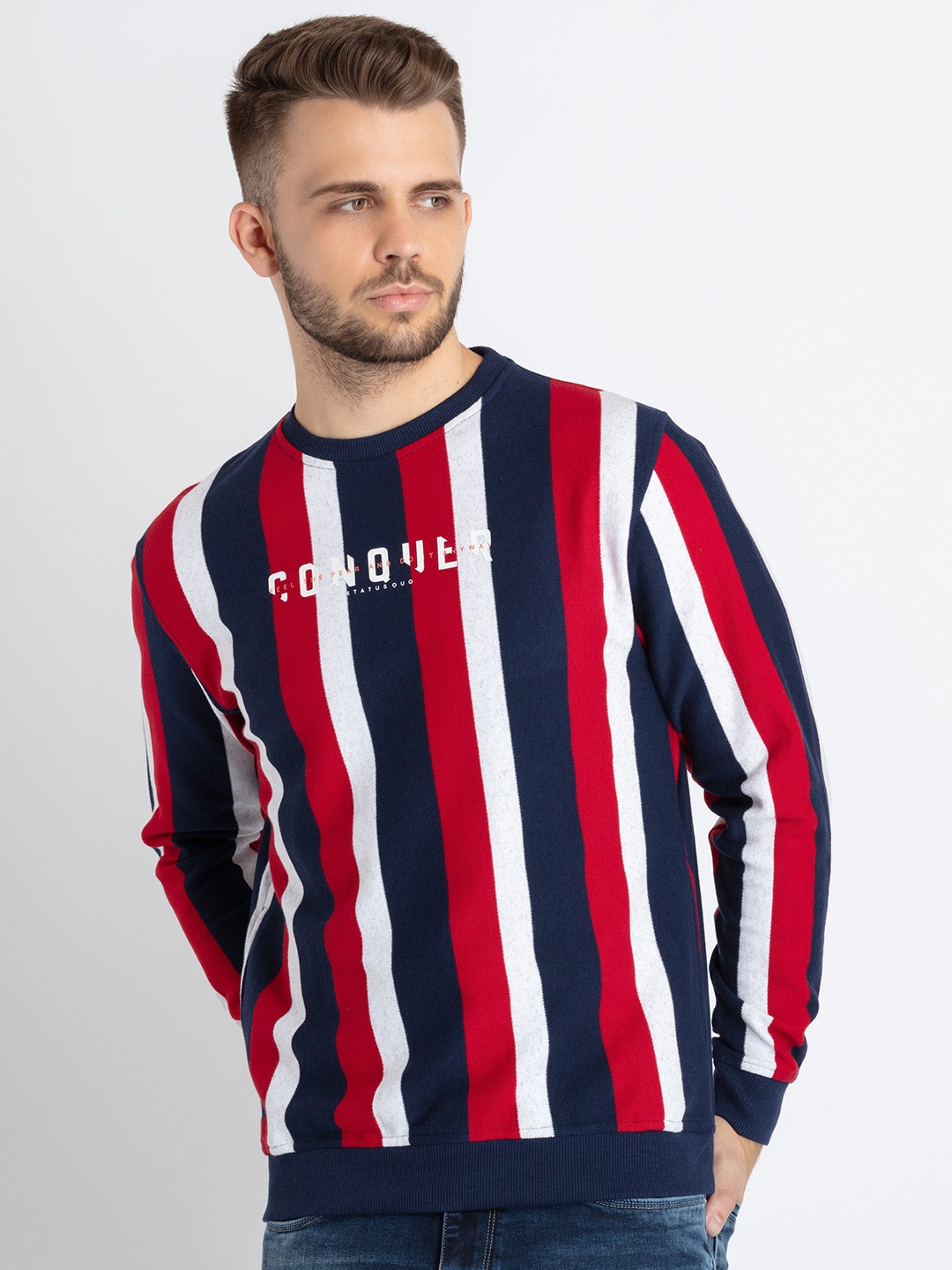 

Status Quo Striped Cotton Pullover Sweatshirt, Navy blue