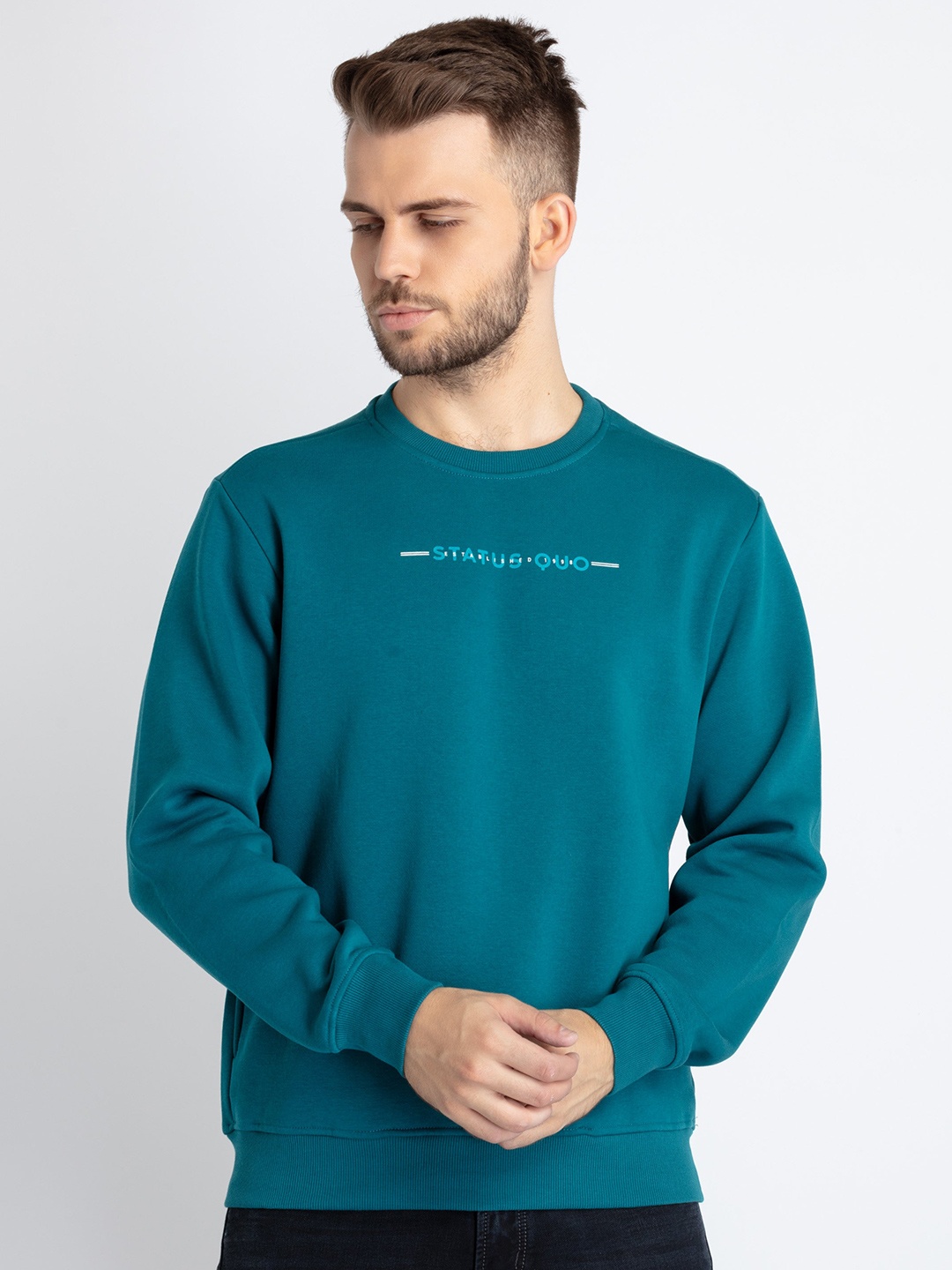 

Status Quo Typography printed Cotton Sweatshirt, Teal