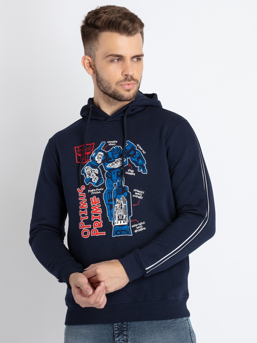 

Status Quo Graphic Printed Hooded Cotton Pullover, Navy blue