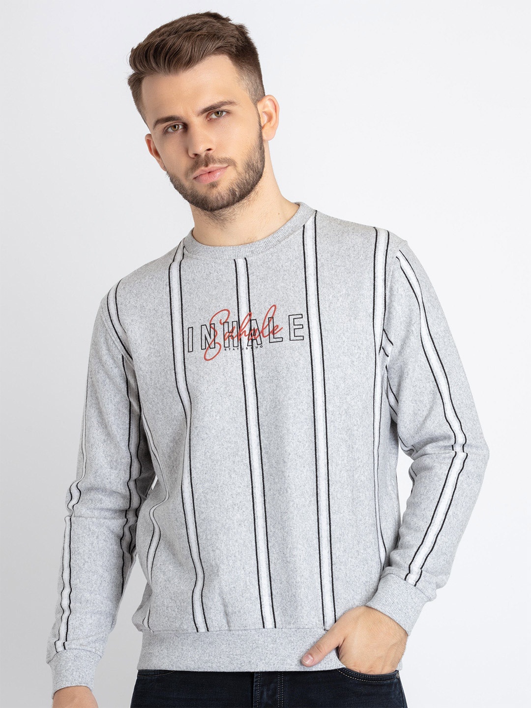 

Status Quo Striped Cotton Pullover, Grey