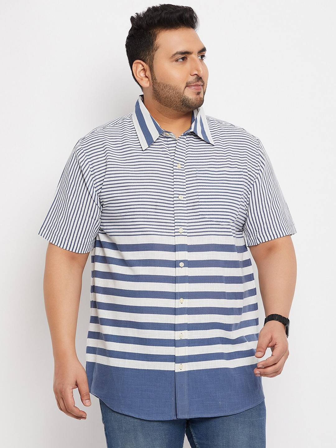 

bigbanana Plus Size Horizontal Stripes Pure Cotton Casual Shirt, White