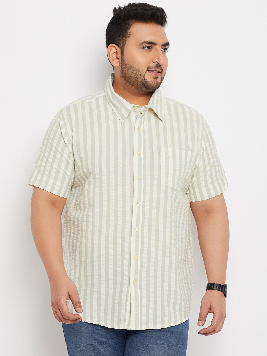 

bigbanana Plus Size Vertical Striped Pure Cotton Casual Shirt, Off white