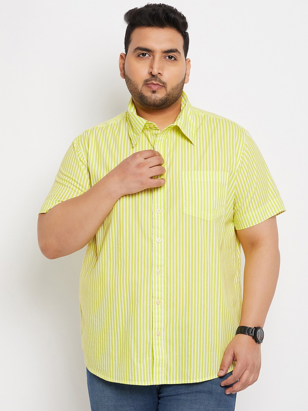 

bigbanana Plus Size Vertical Striped Pure Cotton Casual Shirt, Yellow
