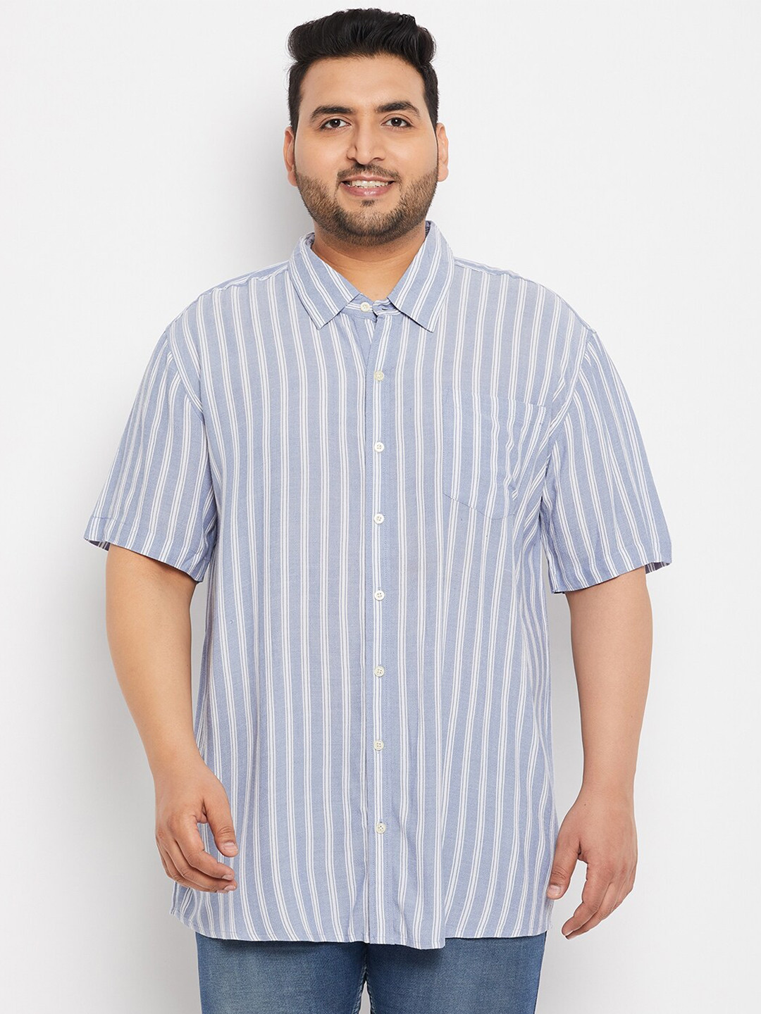 

bigbanana Plus Size Vertical Striped Pure Cotton Casual Shirt, Blue