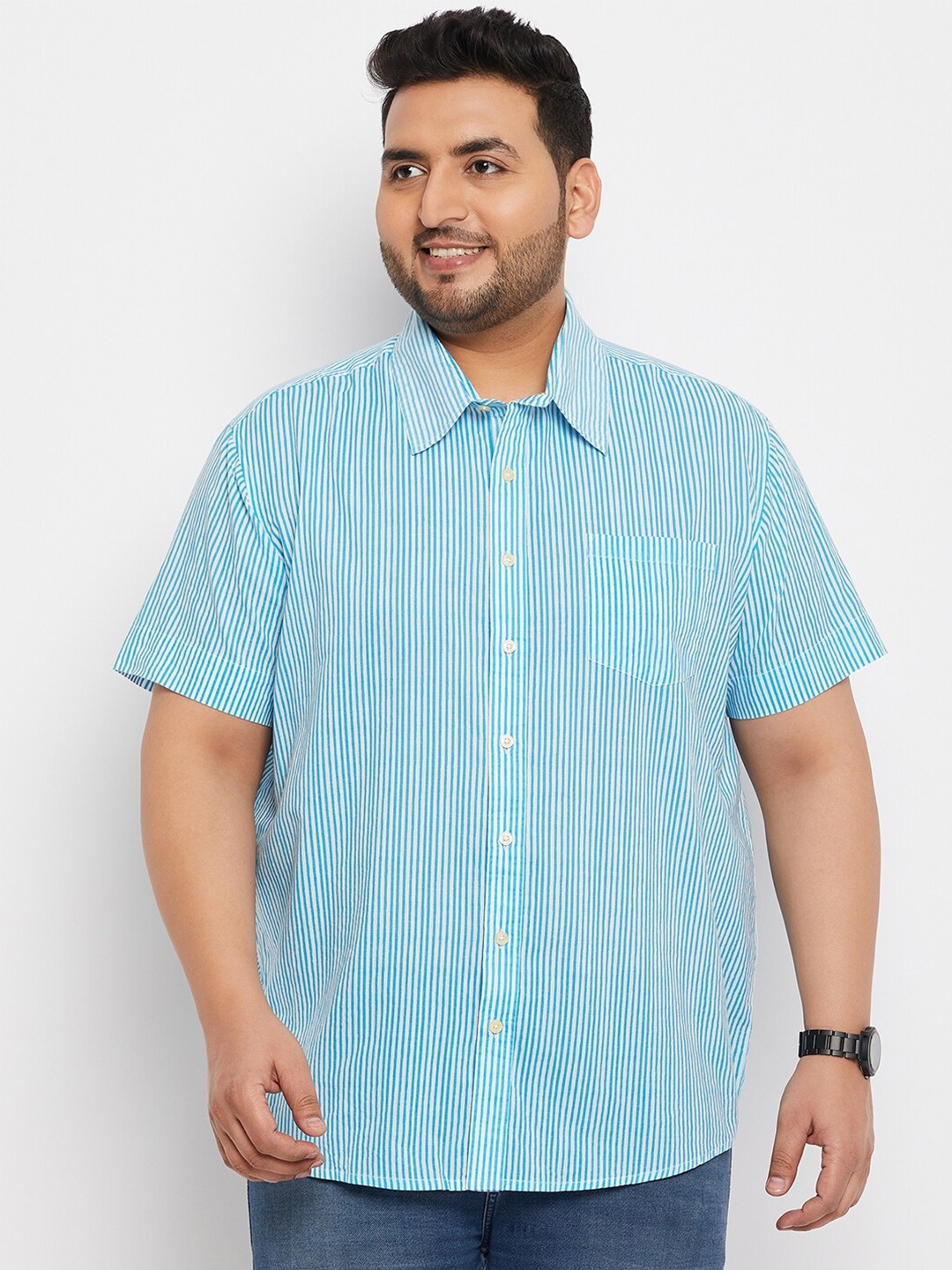 

bigbanana Plus Size Vertical Stripes Pure Cotton Casual Shirt, Blue
