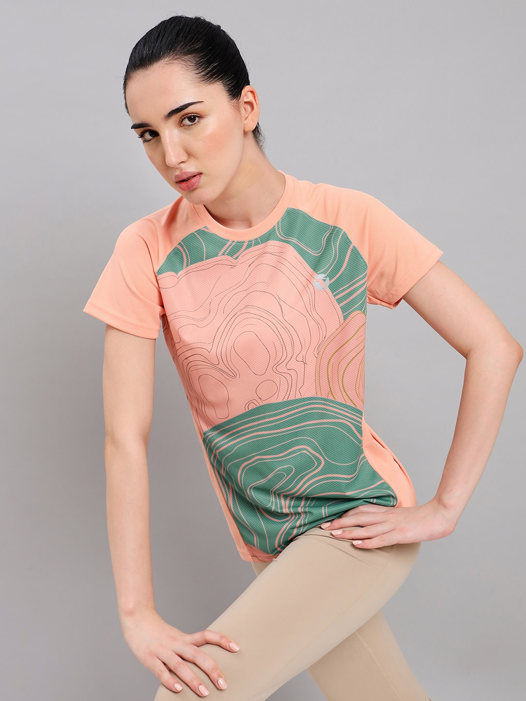 

Technosport Antimicrobial Abstract Printed Round Neck Slim Fit T-Shirts, Peach