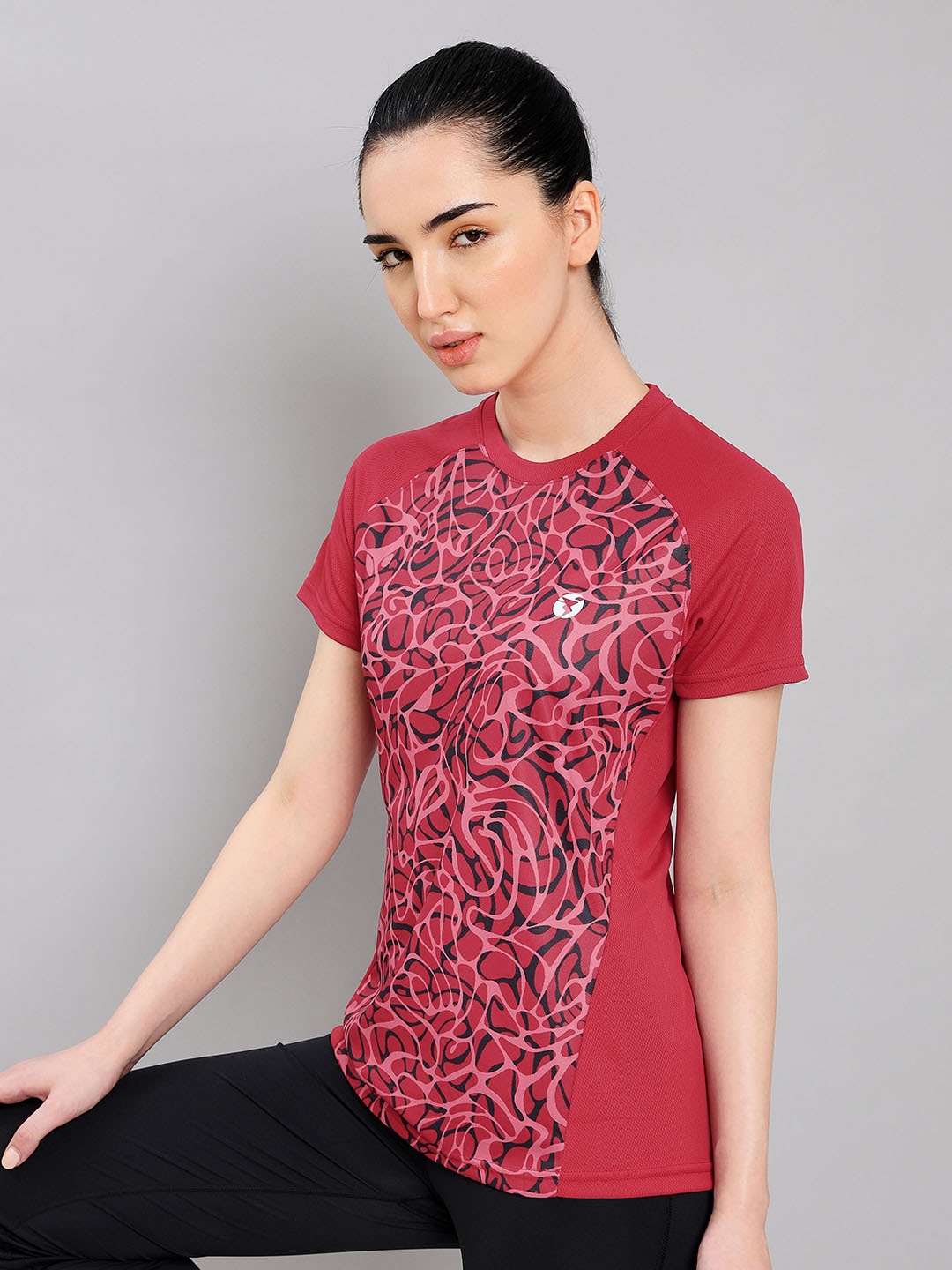Technosport Antimicrobial Abstract Printed Round Neck Slim Fit T-Shirts, Red