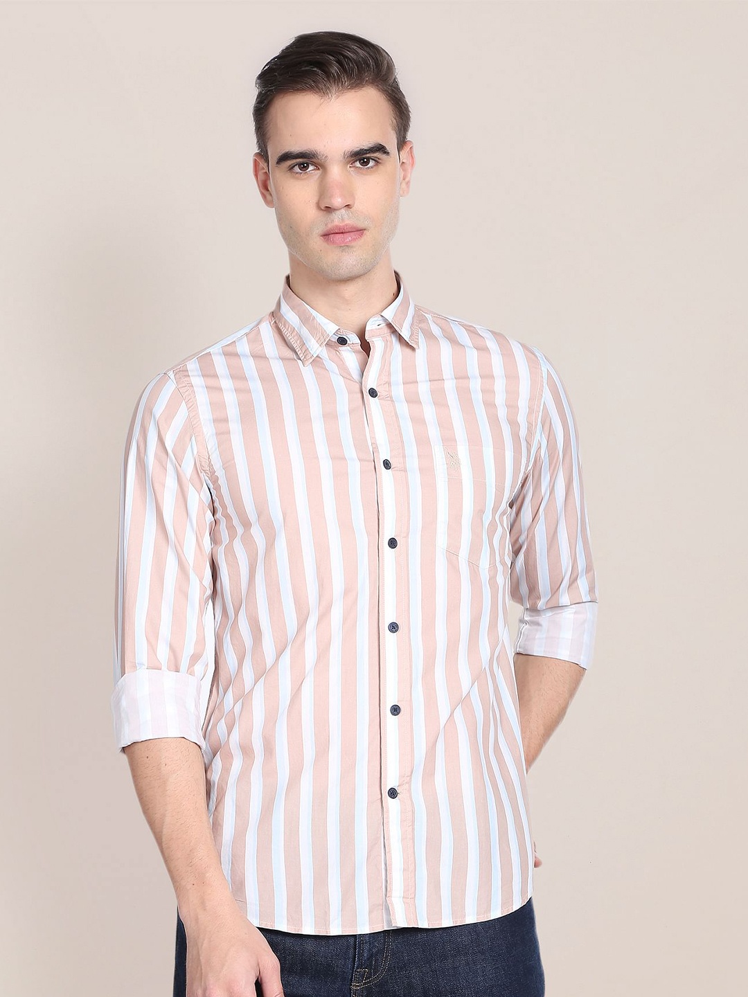 

U.S. Polo Assn. Spread Collar Long Sleeves Striped Casual Pure Cotton Shirt, Beige