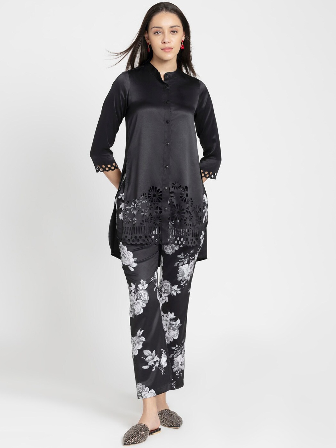 

SHAYE Floral Printed Tunic & Trouser Co-ords, Black