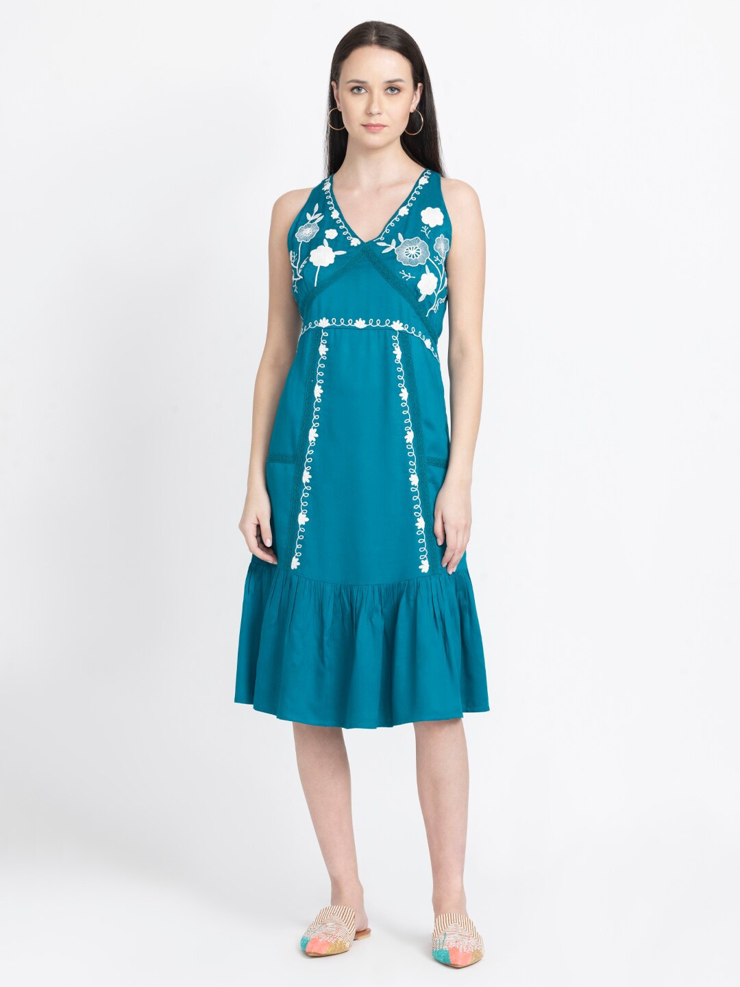 

SHAYE Floral Embroidered V-Neck Fit & Flare Dress, Teal