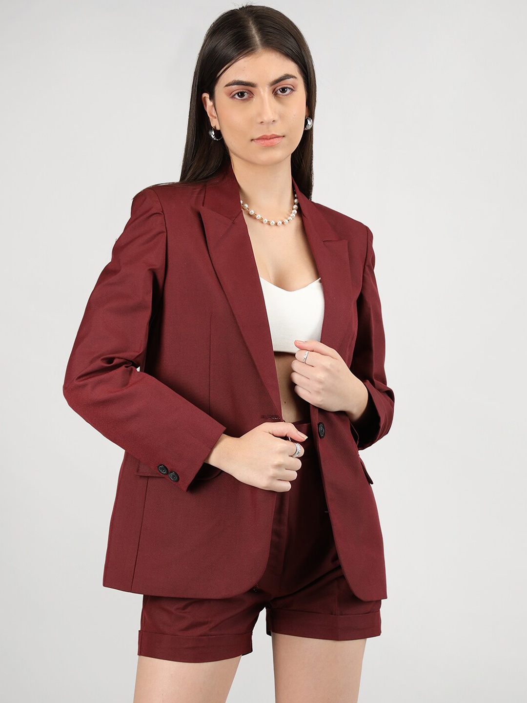 

Dlanxa Single-Breasted Blazer With Shorts Casual Suit Set With Fabric Belt, Maroon