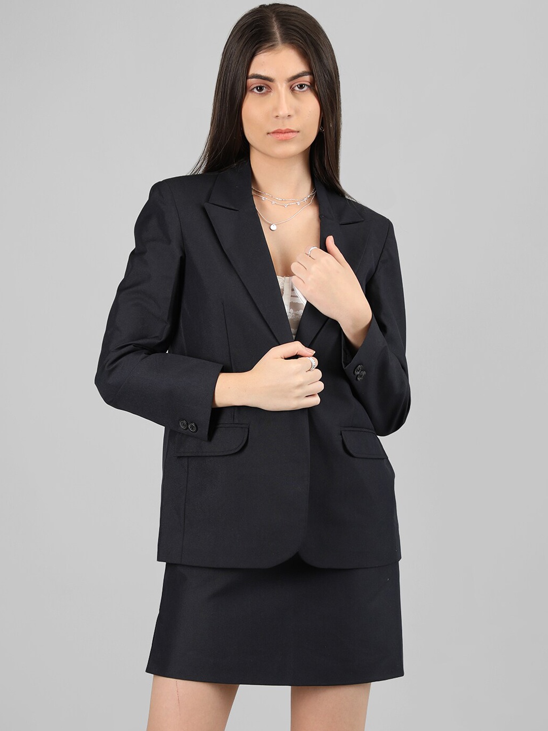 

Dlanxa Single-Breasted Casual Blazer & Skirt Set With Fabric Belt, Navy blue