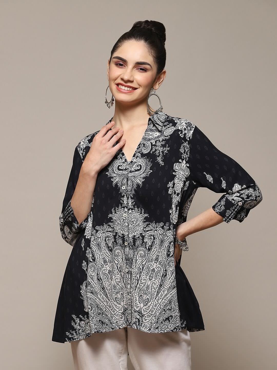 

Biba Ethnic Motifs Printed Roll-Up Sleeves Casual Shirt, Black