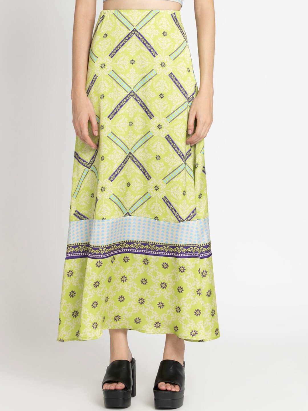

SHAYE A-Line Printed Polyester Maxi Ethnic Skirts, Green