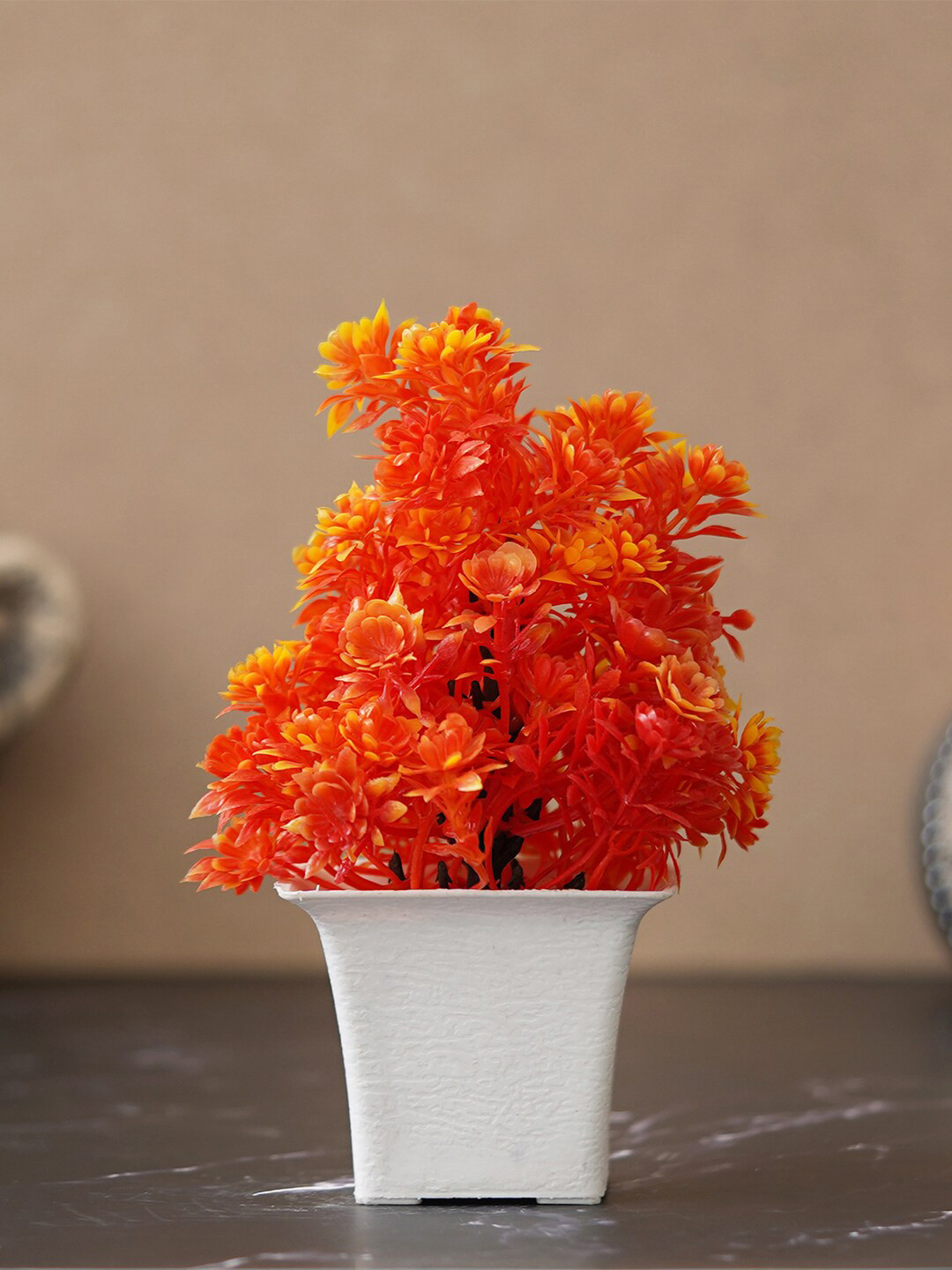 

eCraftIndia Orange-Color & White Chrysanthemum Artificial Plant With Square Pot