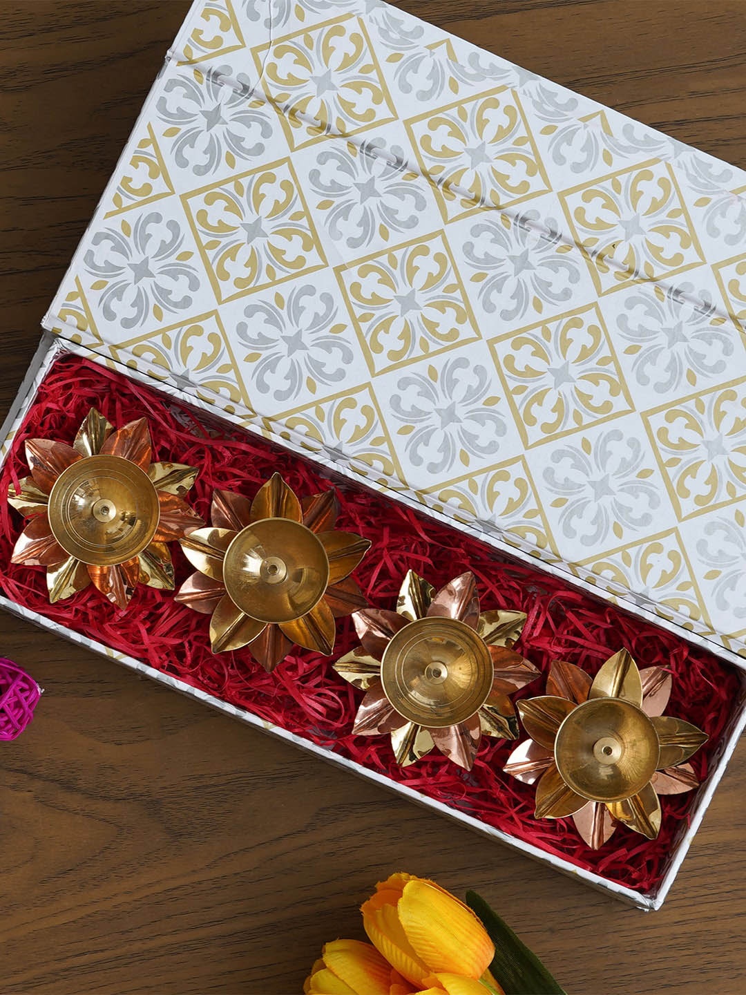 

eCraftIndia Gold-Toned 4 Pieces Lotus Flower Shape Metal Decorative Diyas