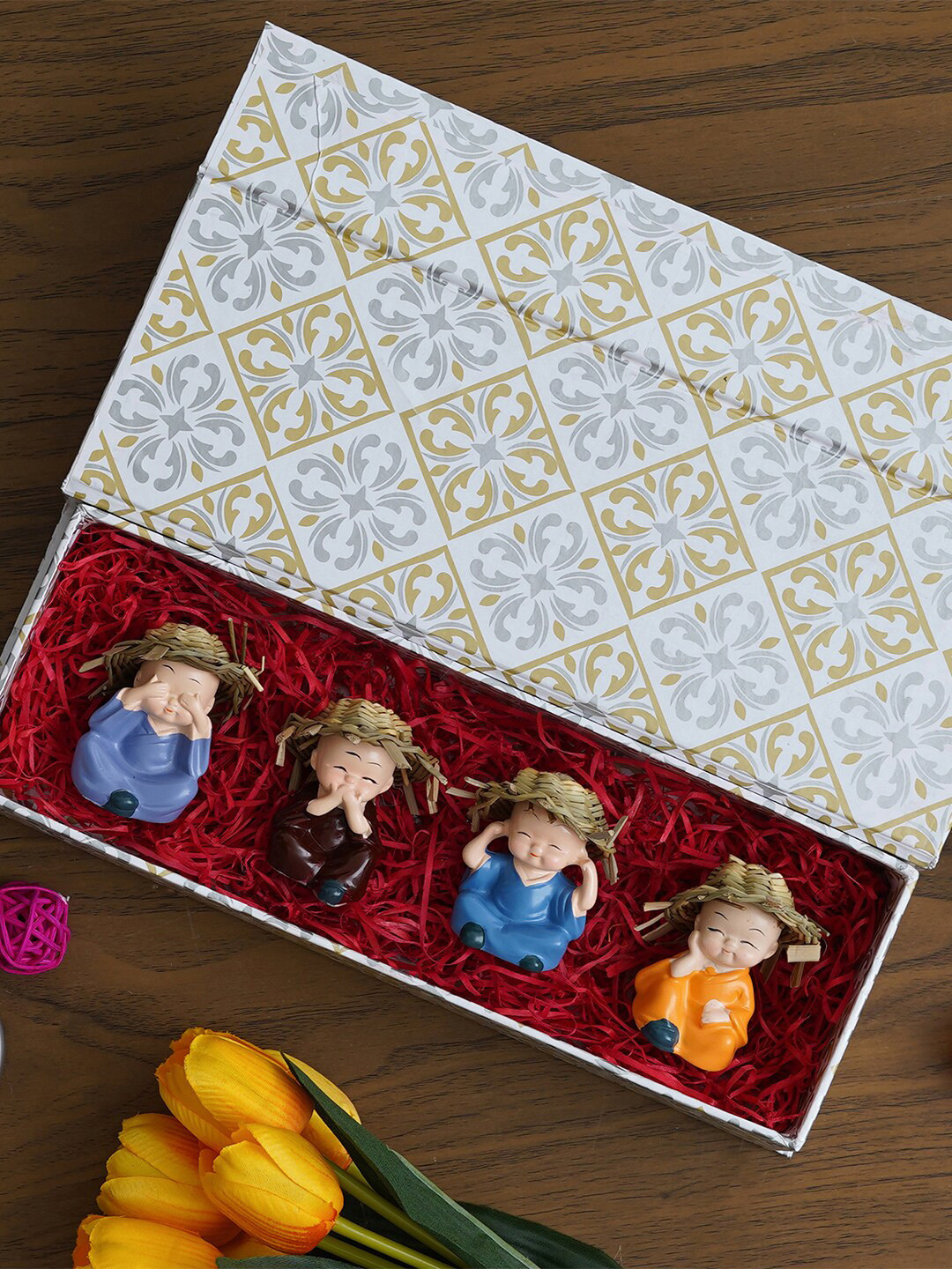 

eCraftIndia Blue & Orange-Colored 4 Pieces Little Monk Buddha Polyresin Showpieces