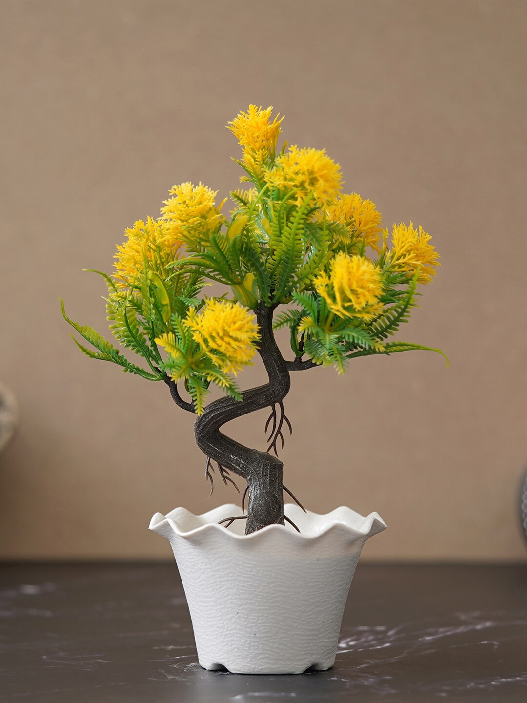 

eCraftIndia Yellow & Green Faux Cypress Plant With Wavy Pot