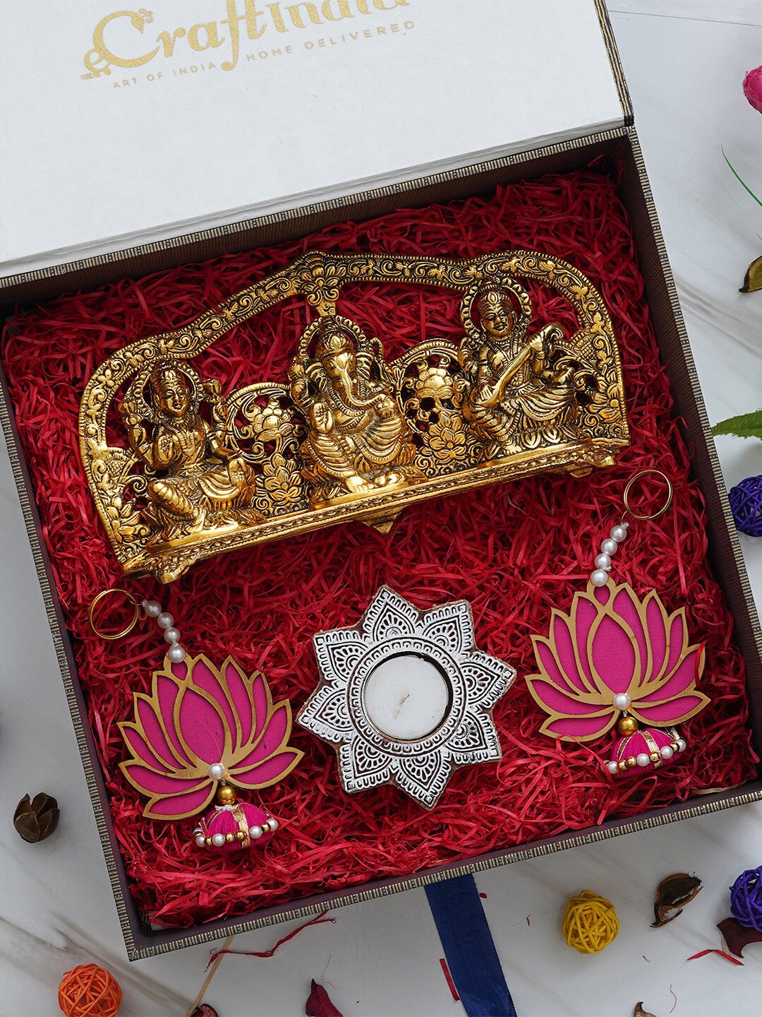 

eCraftIndia 4 Pcs Lakshmi Ganesha Saraswati Idol-Wall Hangings- Candle Holder Gift Box Set, Brown