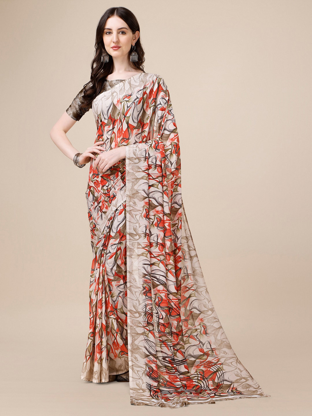 

Sangria Abstract Printed Pure Georgette Saree, Beige