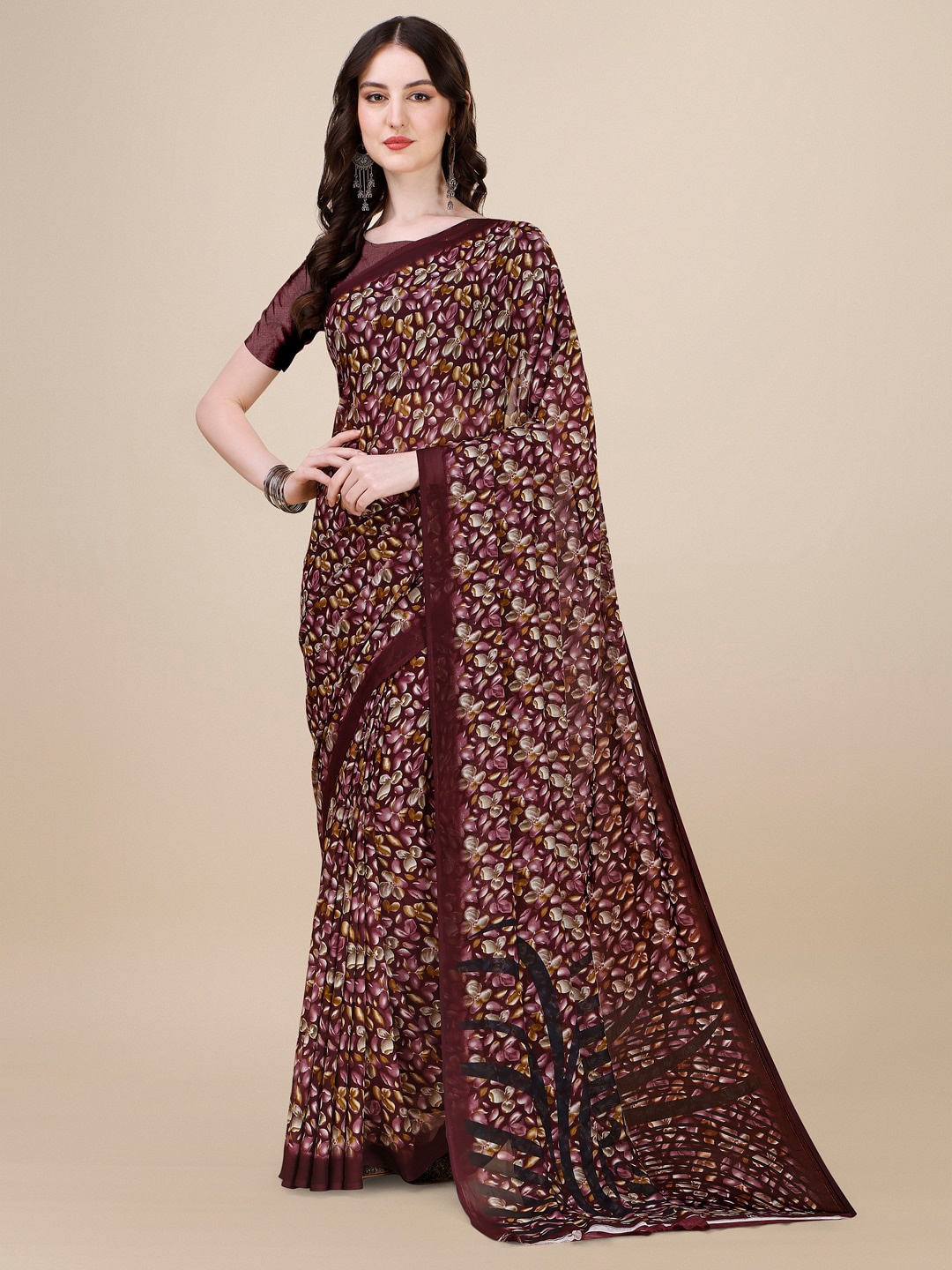 

Sangria Floral Printed Pure Georgette Saree, Brown