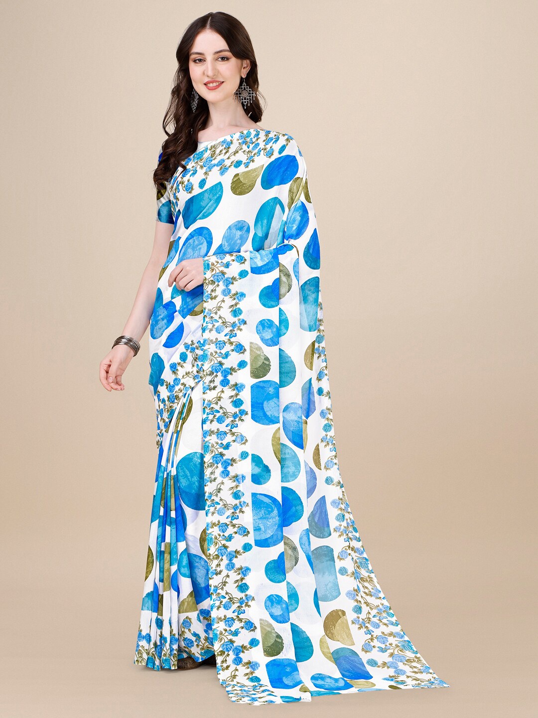 

Sangria Geometric Printed Pure Georgette Saree, Blue