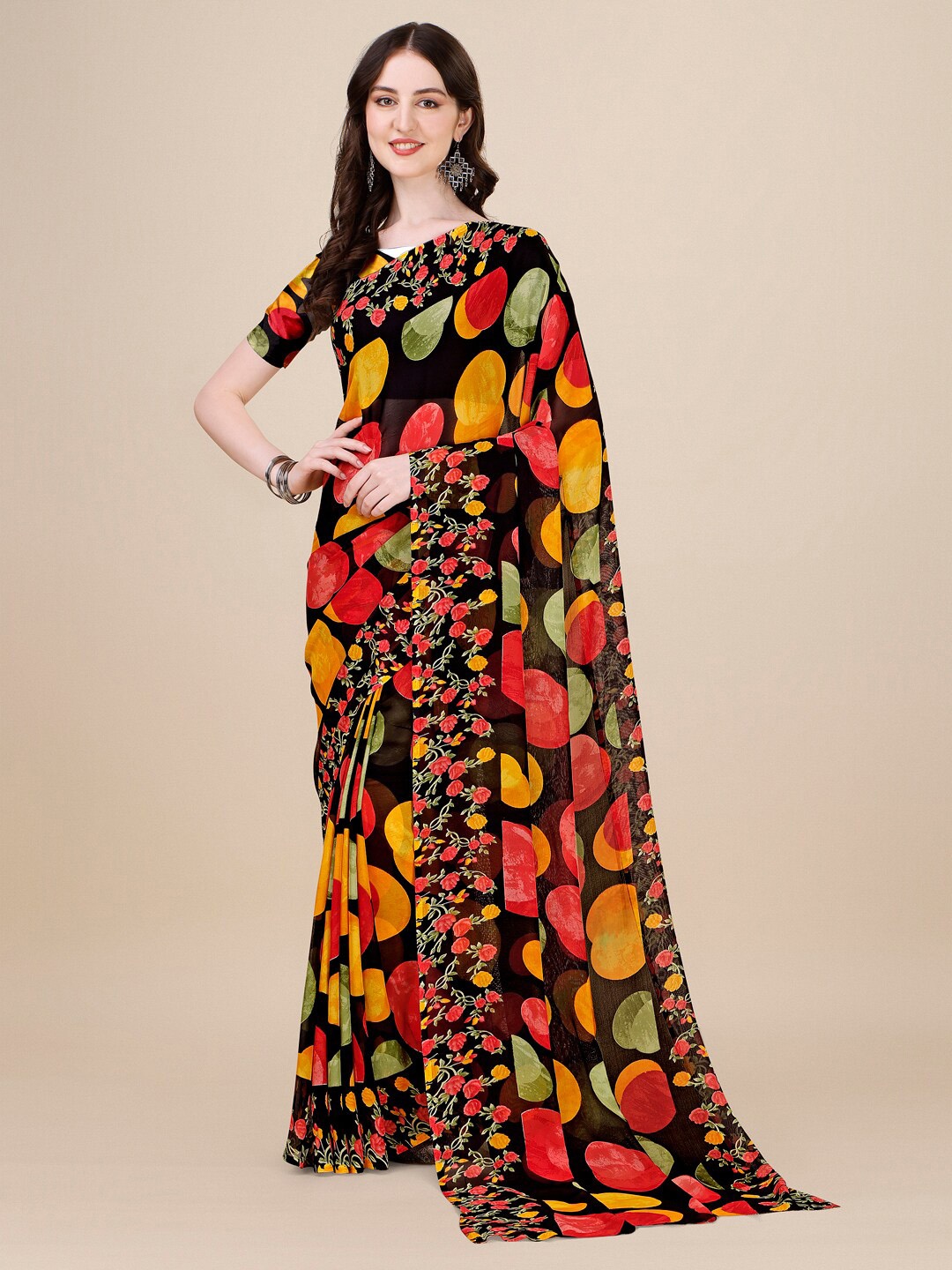 

Sangria Abstract Printed Pure Georgette Saree, Black