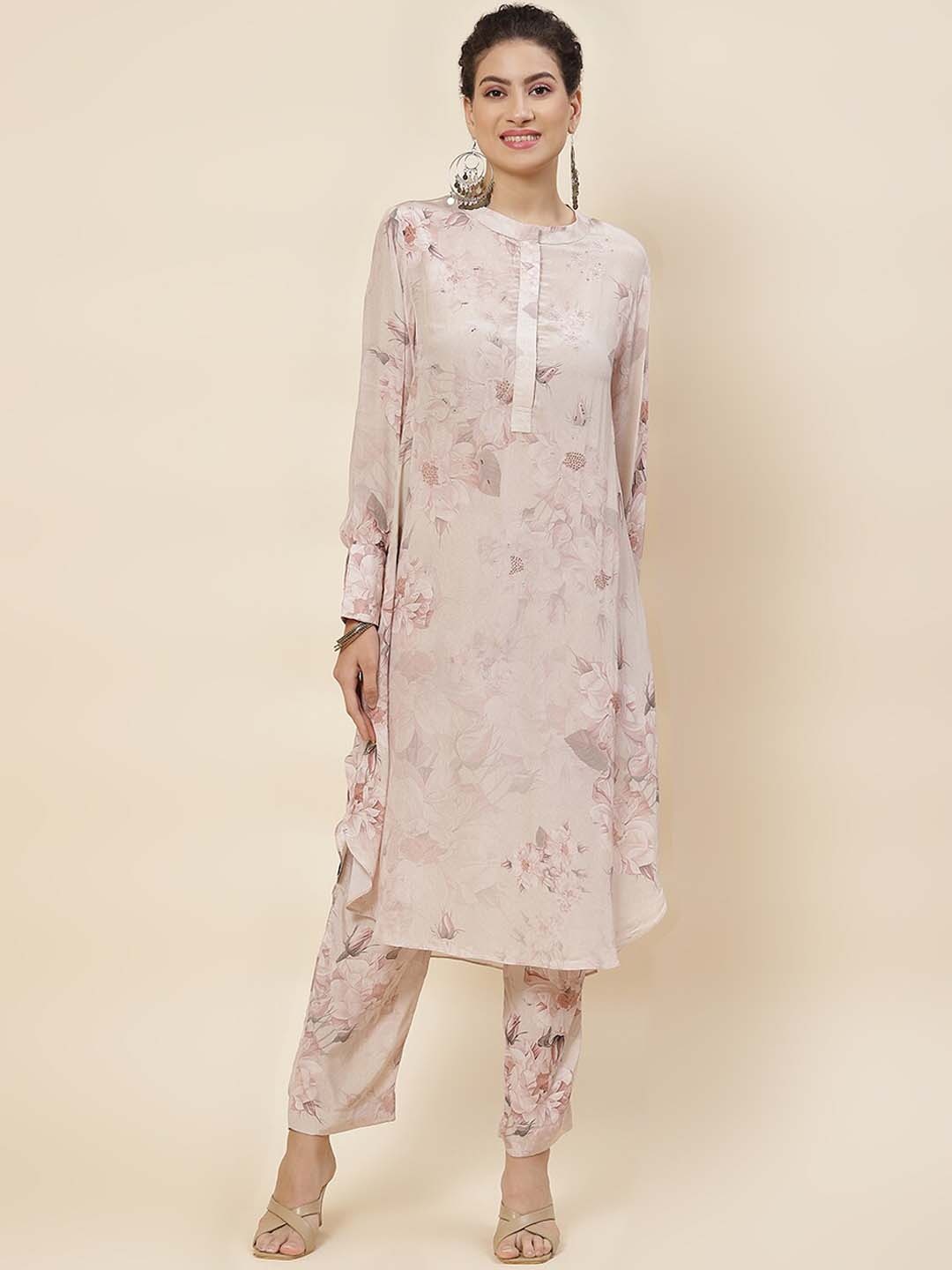 

Meena Bazaar Floral Printed Mandarin Collar Kurta with Trousers, Peach