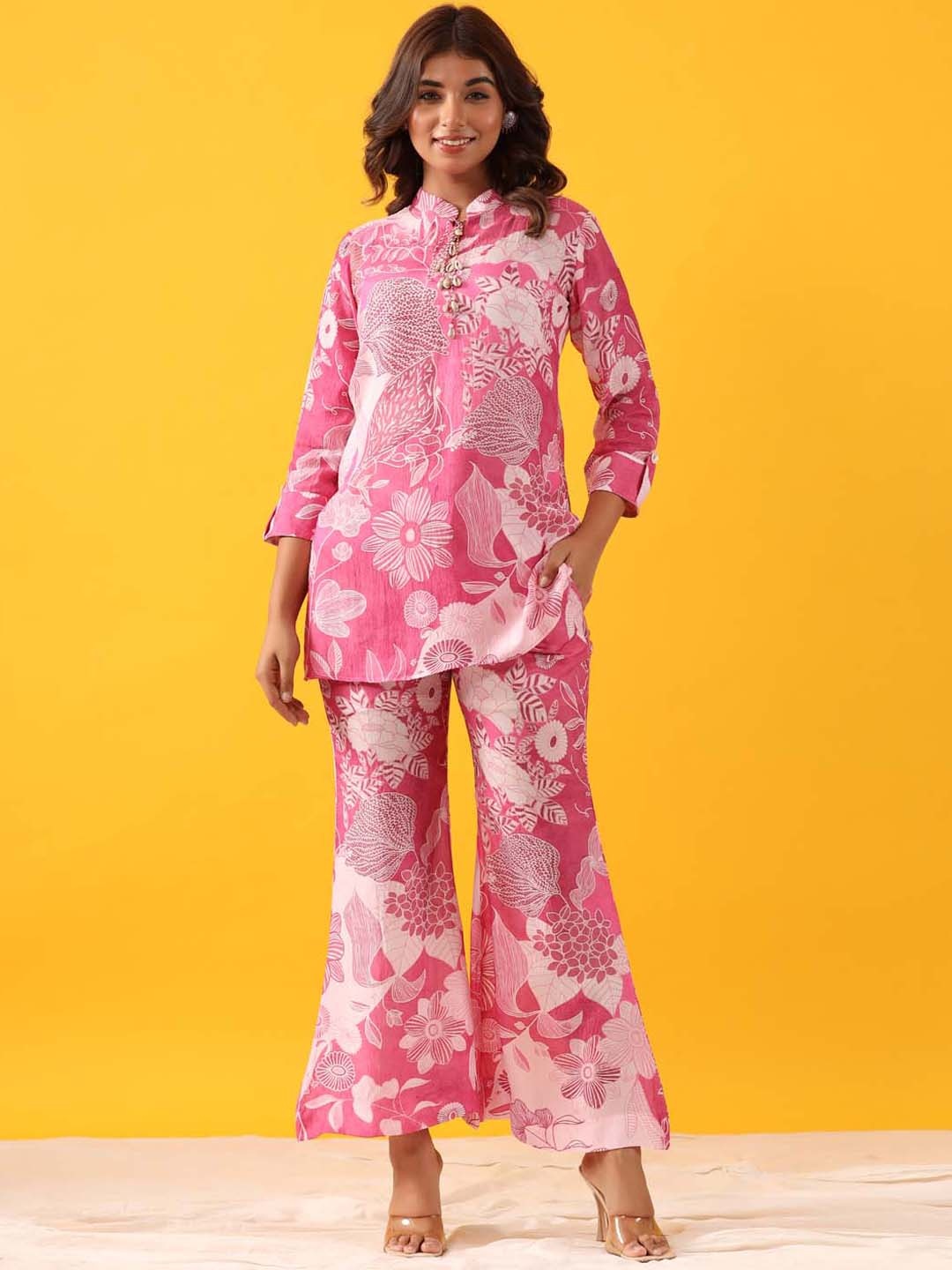 

Meena Bazaar Floral Printed Shirt Collar Top with Trousers, Pink