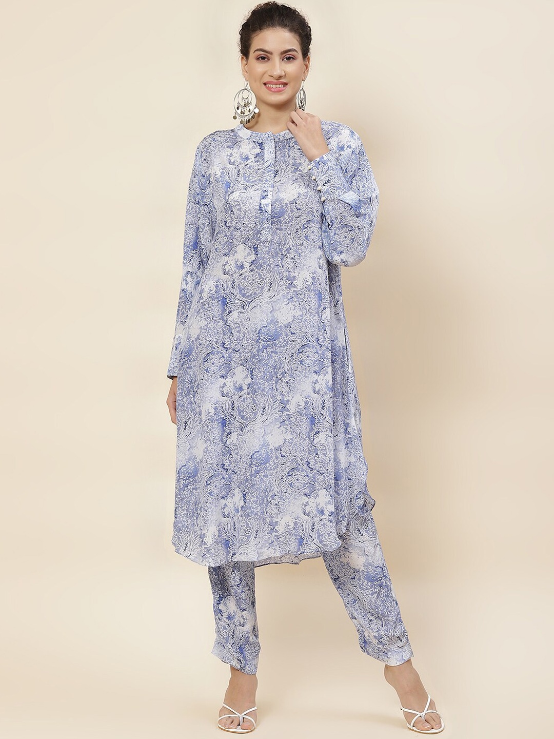 

Meena Bazaar Ethnic Motifs Printed Mandarin Collar Kurta with Trousers, Blue