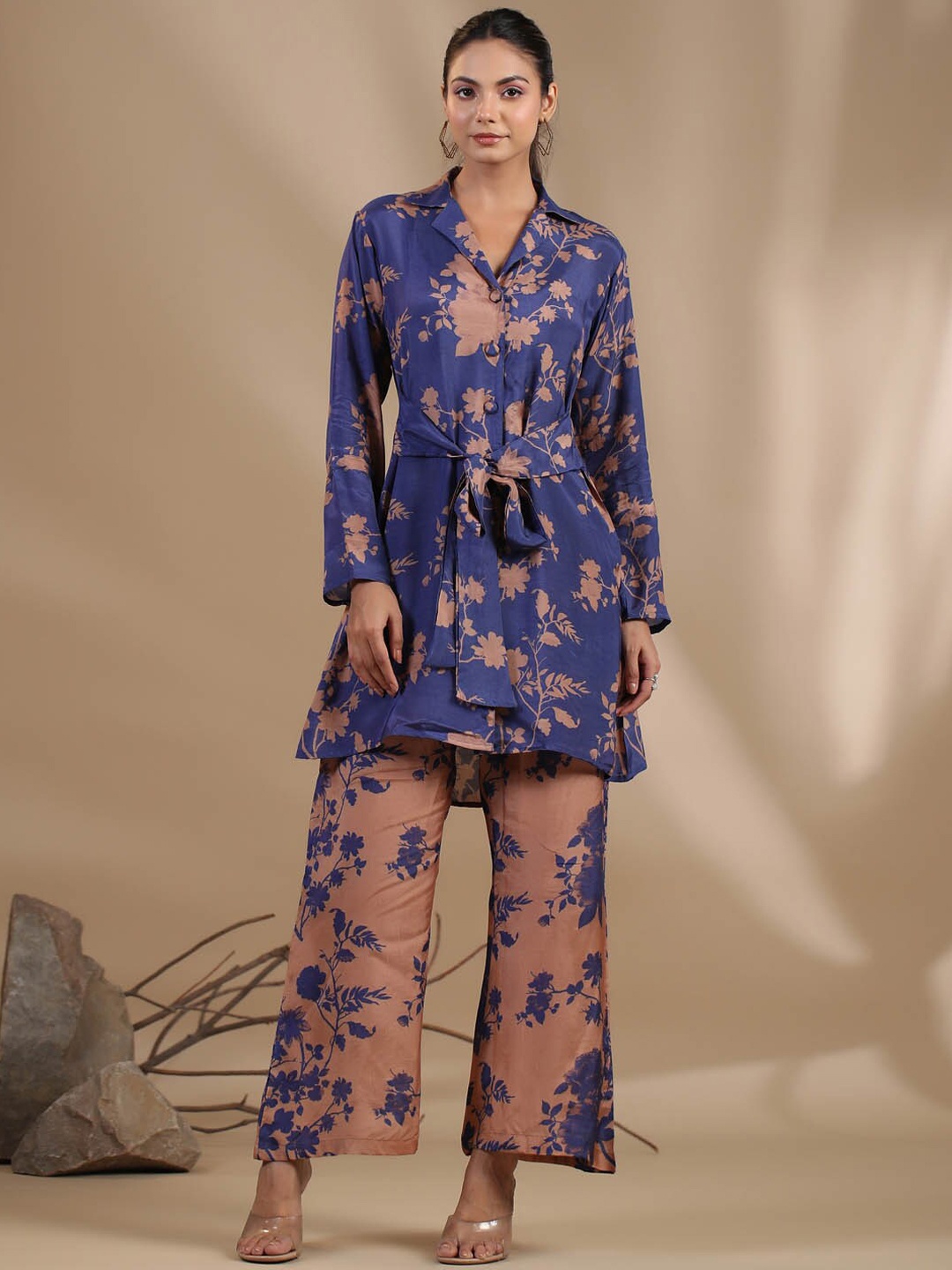 

Meena Bazaar Floral Printed Shirt Collar Top with Trousers, Blue