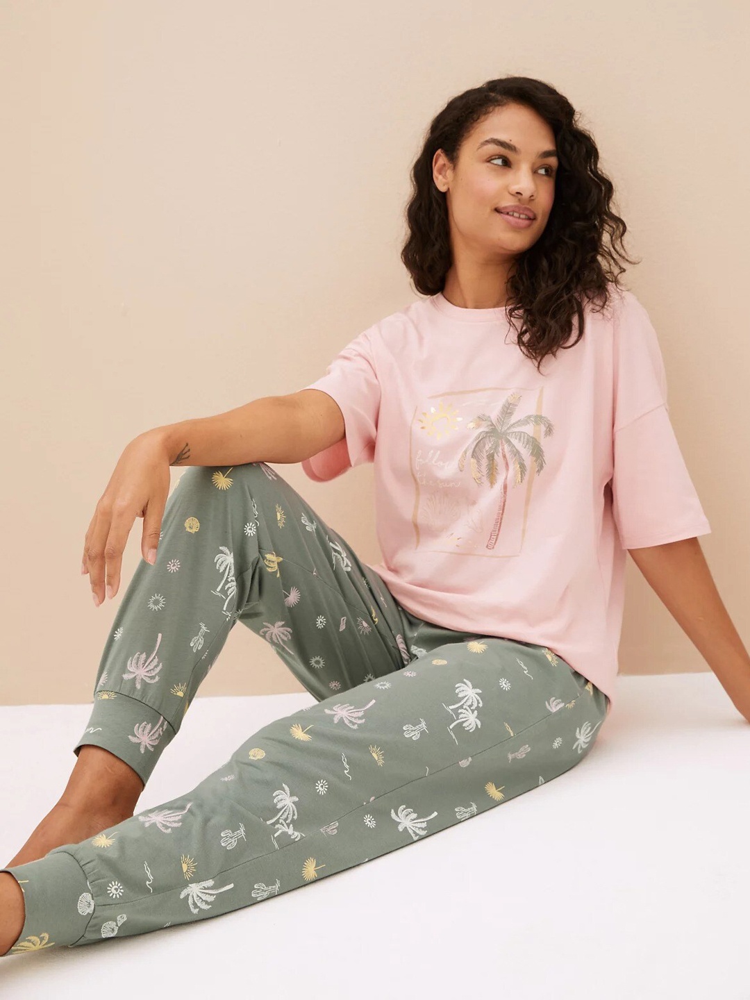

Marks & Spencer Women Printed Pure Cotton Lounge Pants, Green