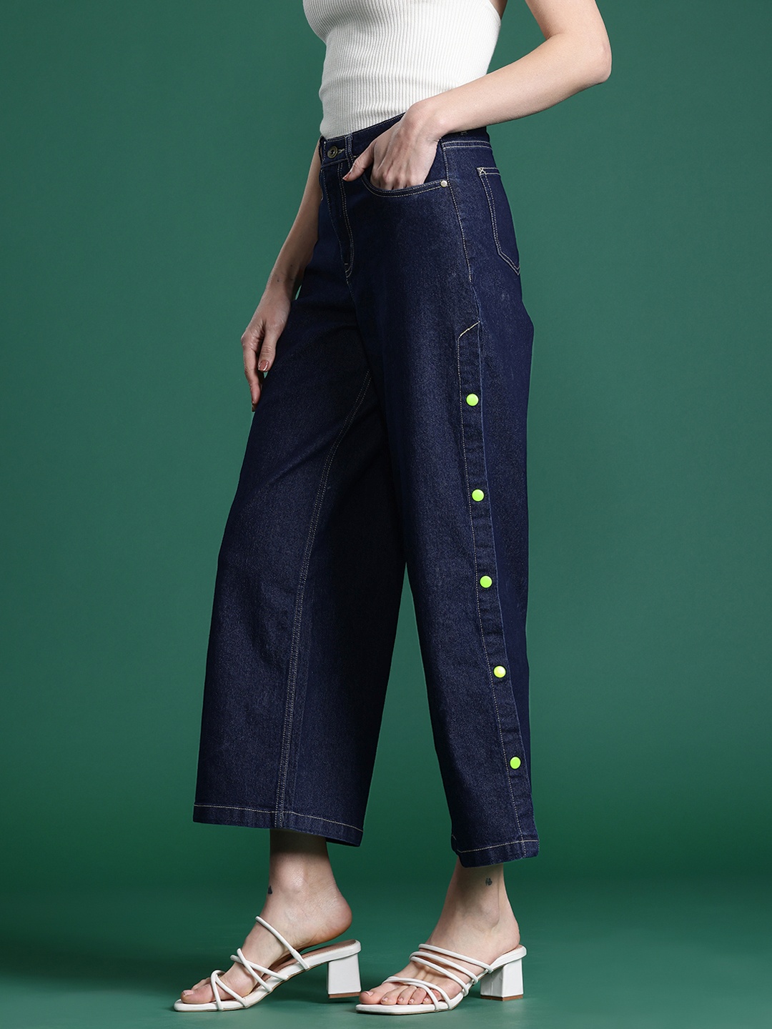 

DressBerry Women Button Detail Slit Straight Fit Stretchable Jeans, Navy blue