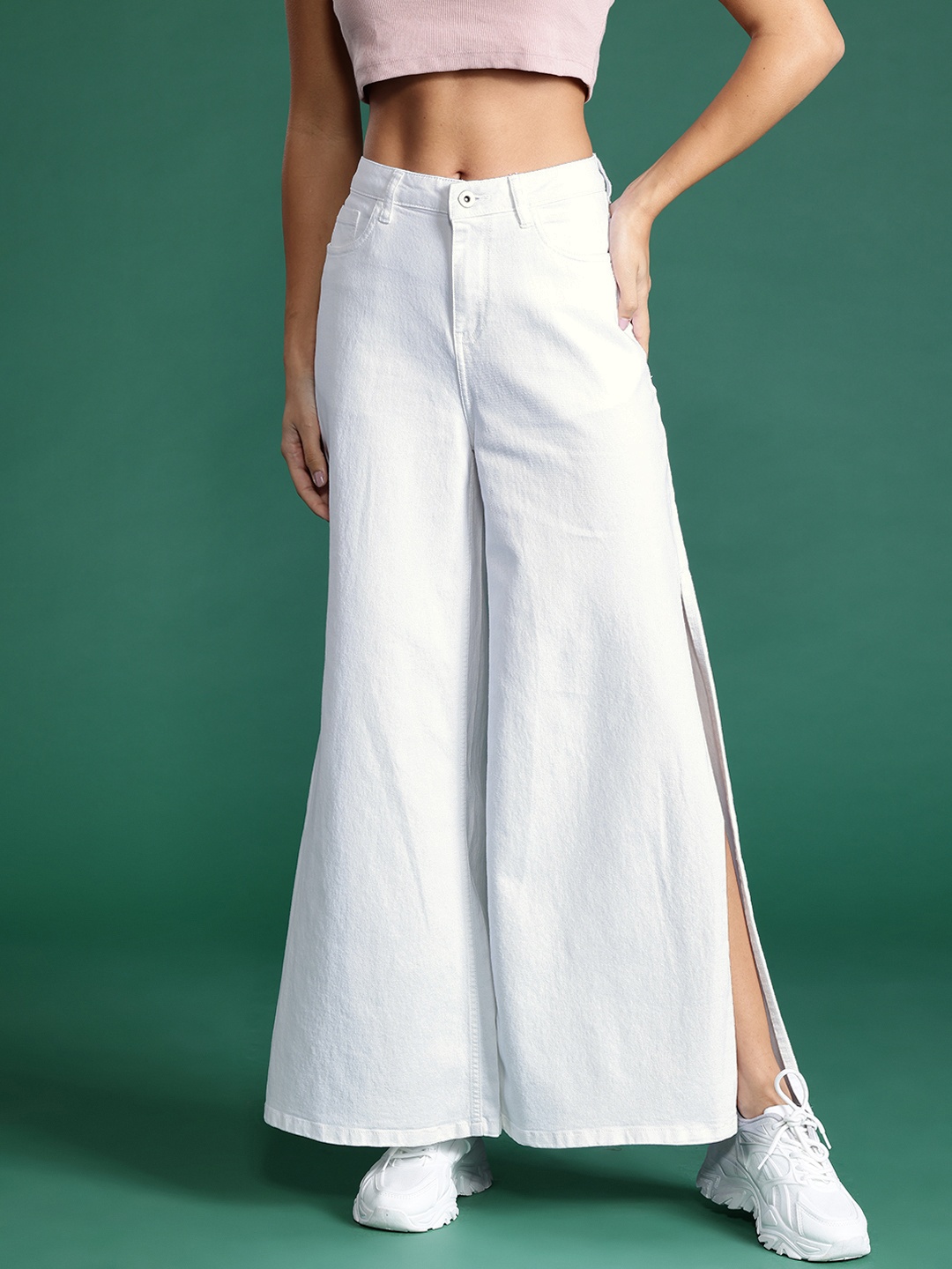 

DressBerry Women Wide Leg Hem Slit Jeans, White