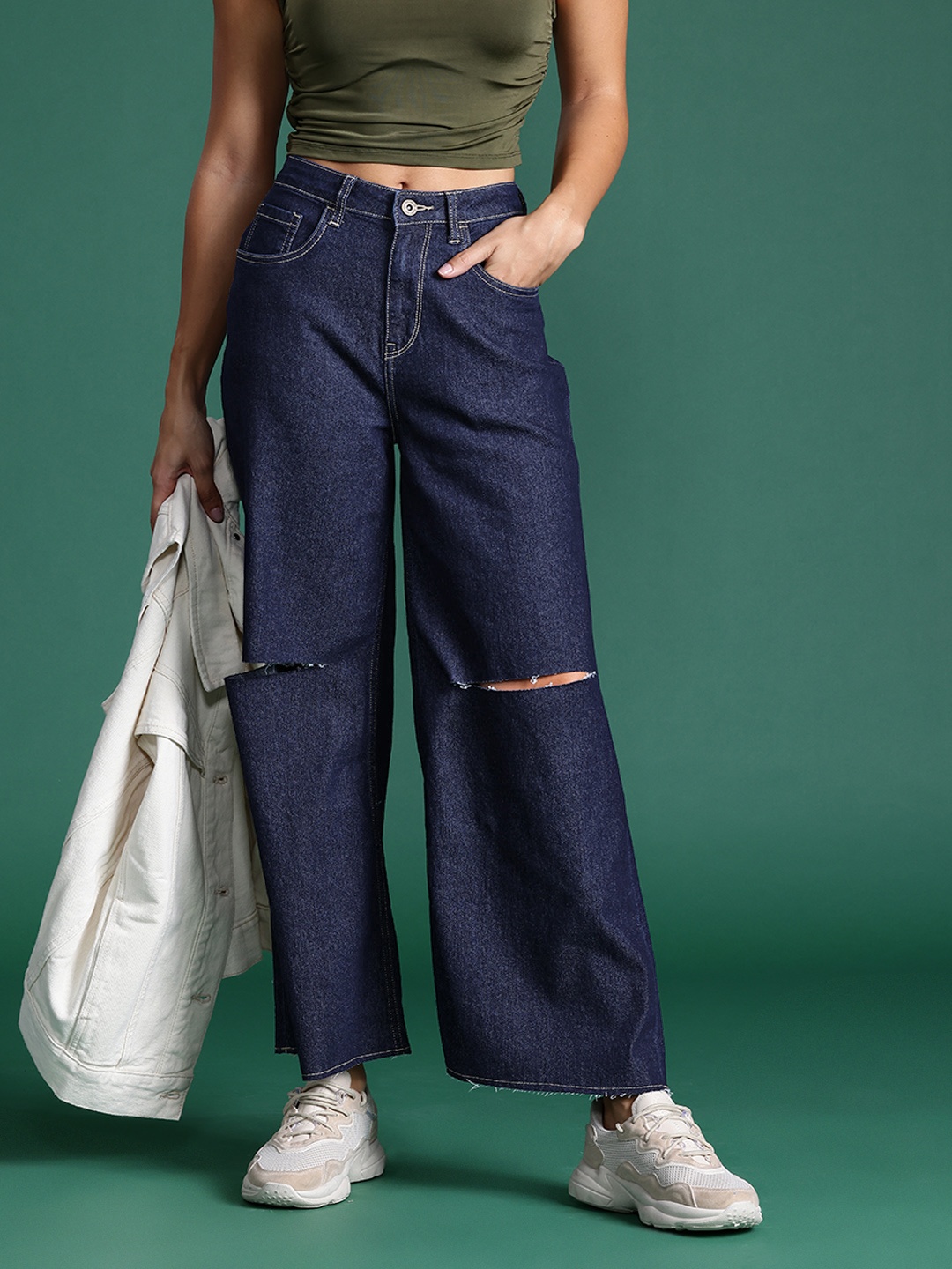 

DressBerry Women Flared Slash Knee Stretchable Jeans, Navy blue