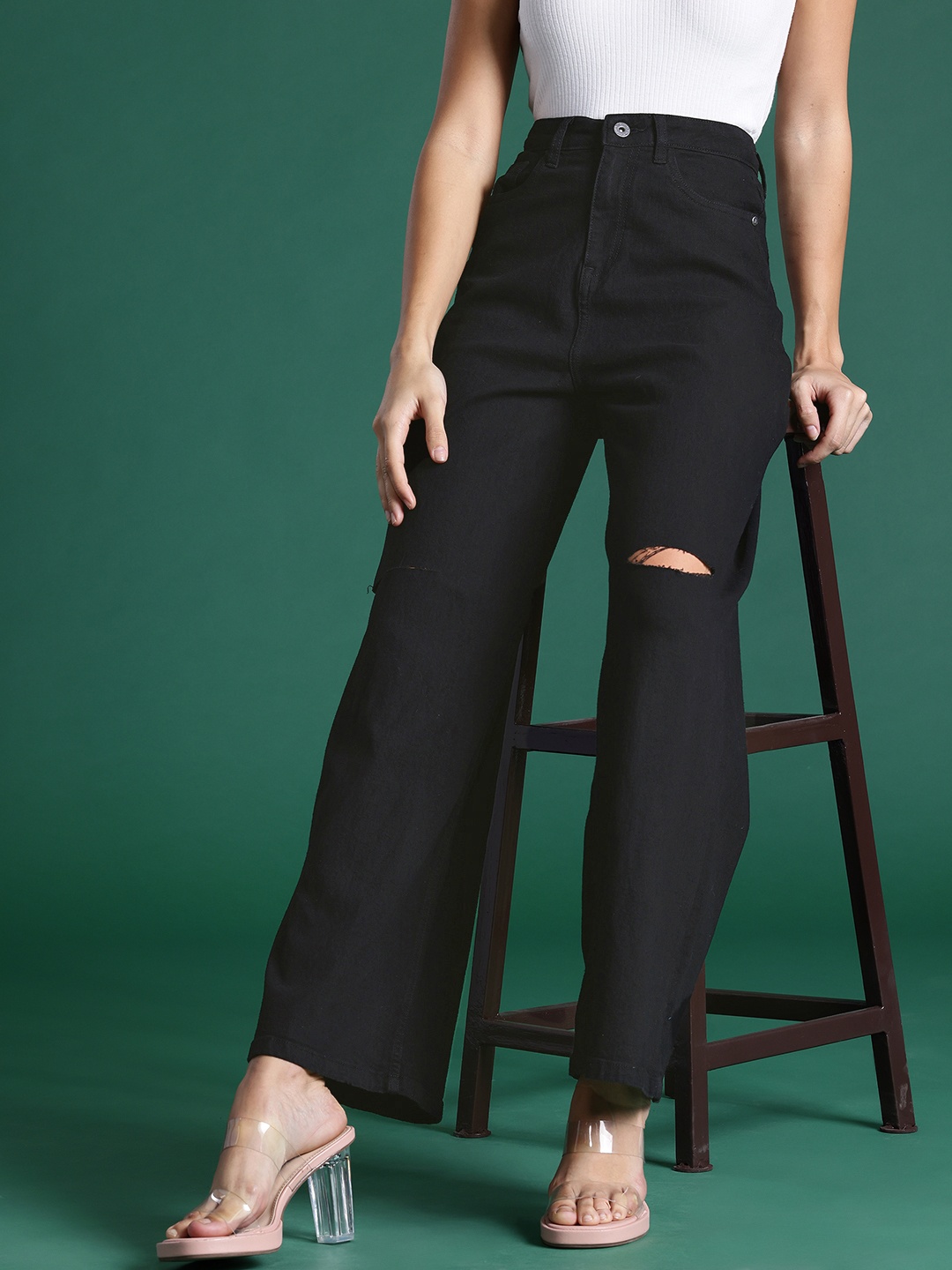 

DressBerry Women Wide Leg High-Rise Slash Knee Stretchable Jeans, Black