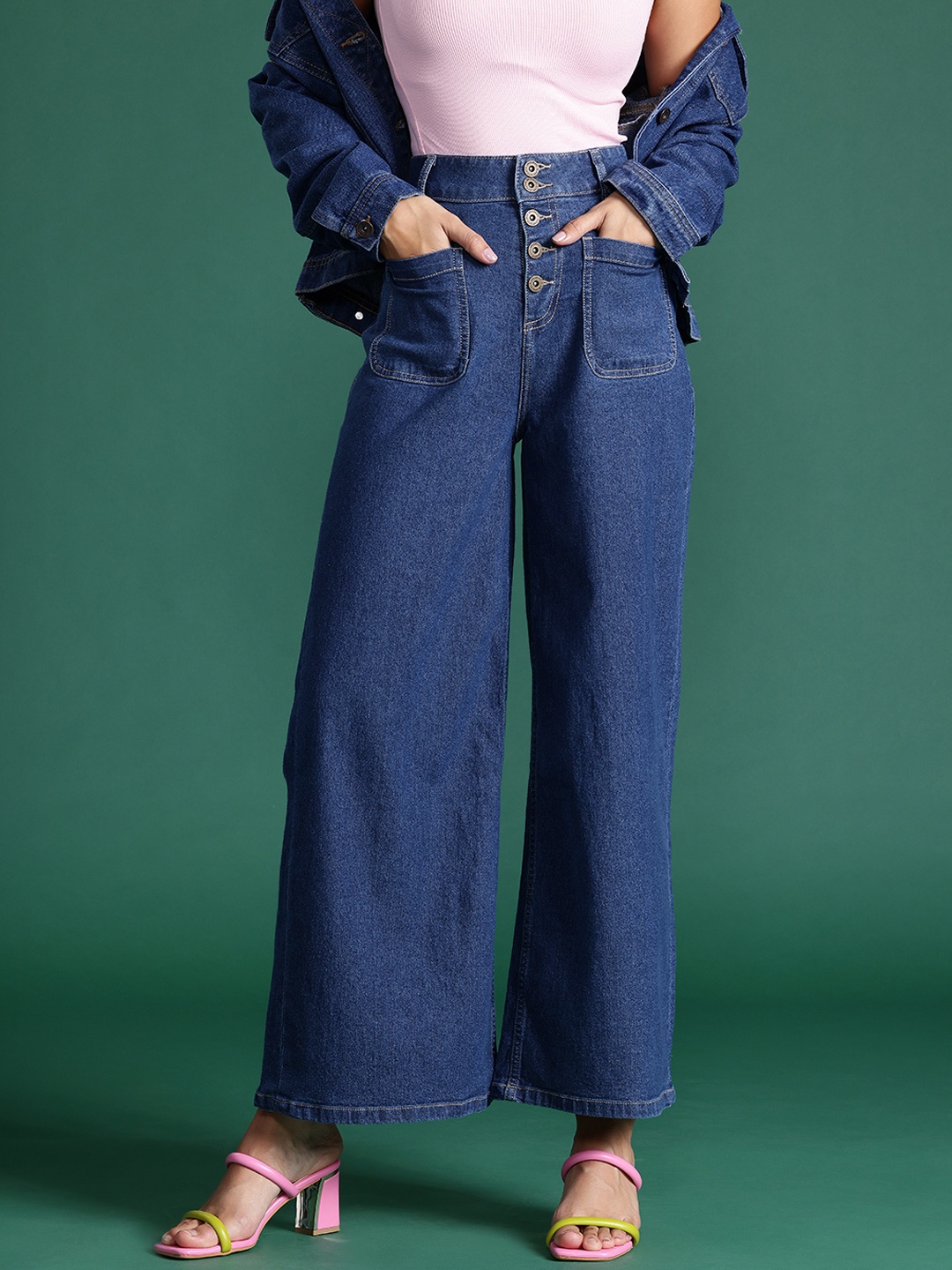 

DressBerry Women Wide Leg High-Rise Stretchable Jeans, Blue