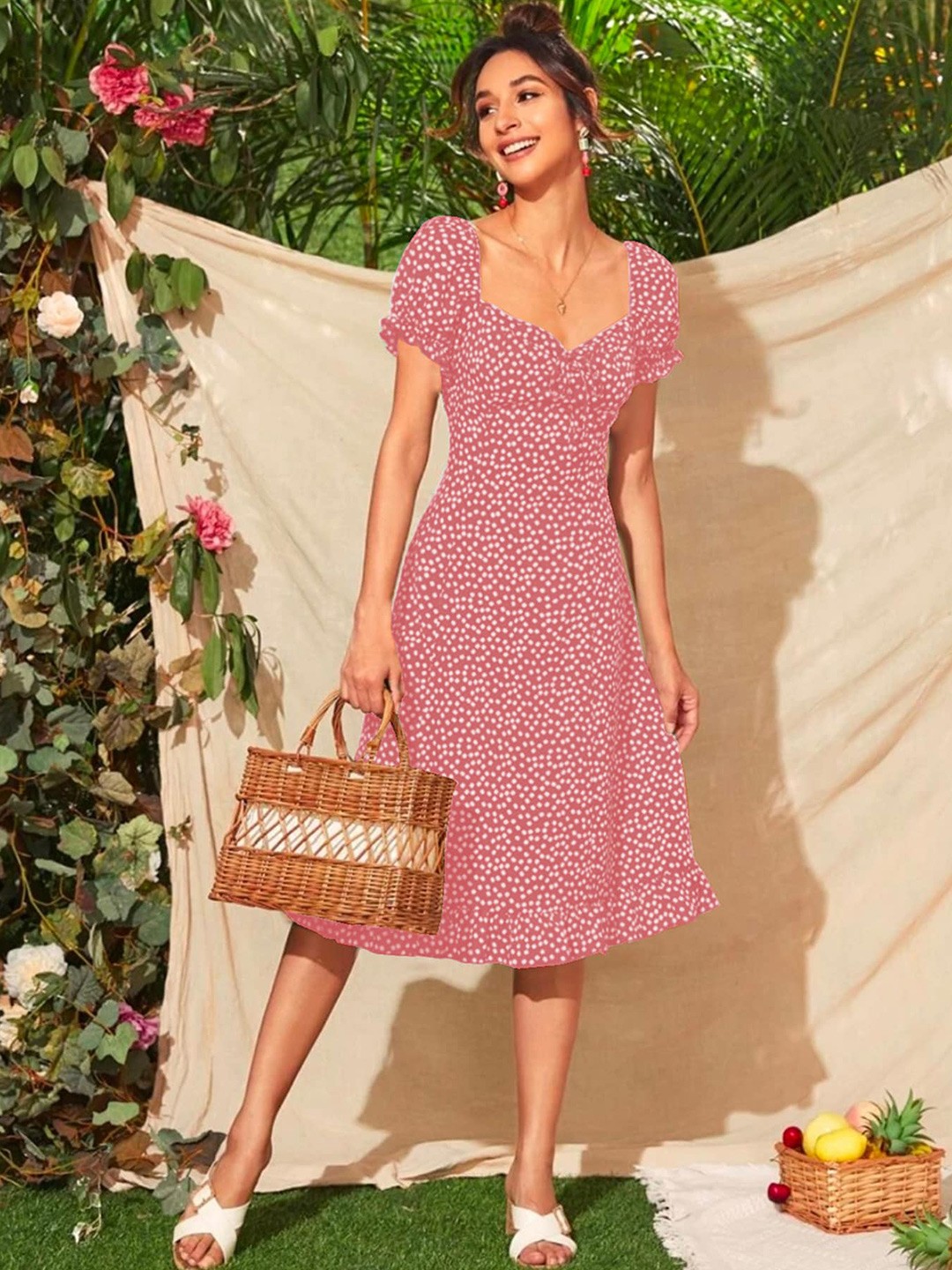 

Dream Beauty Fashion Floral Printed Tie-Up Detail Puff Sleeves Ruffled Fit & Flare Dress, Pink
