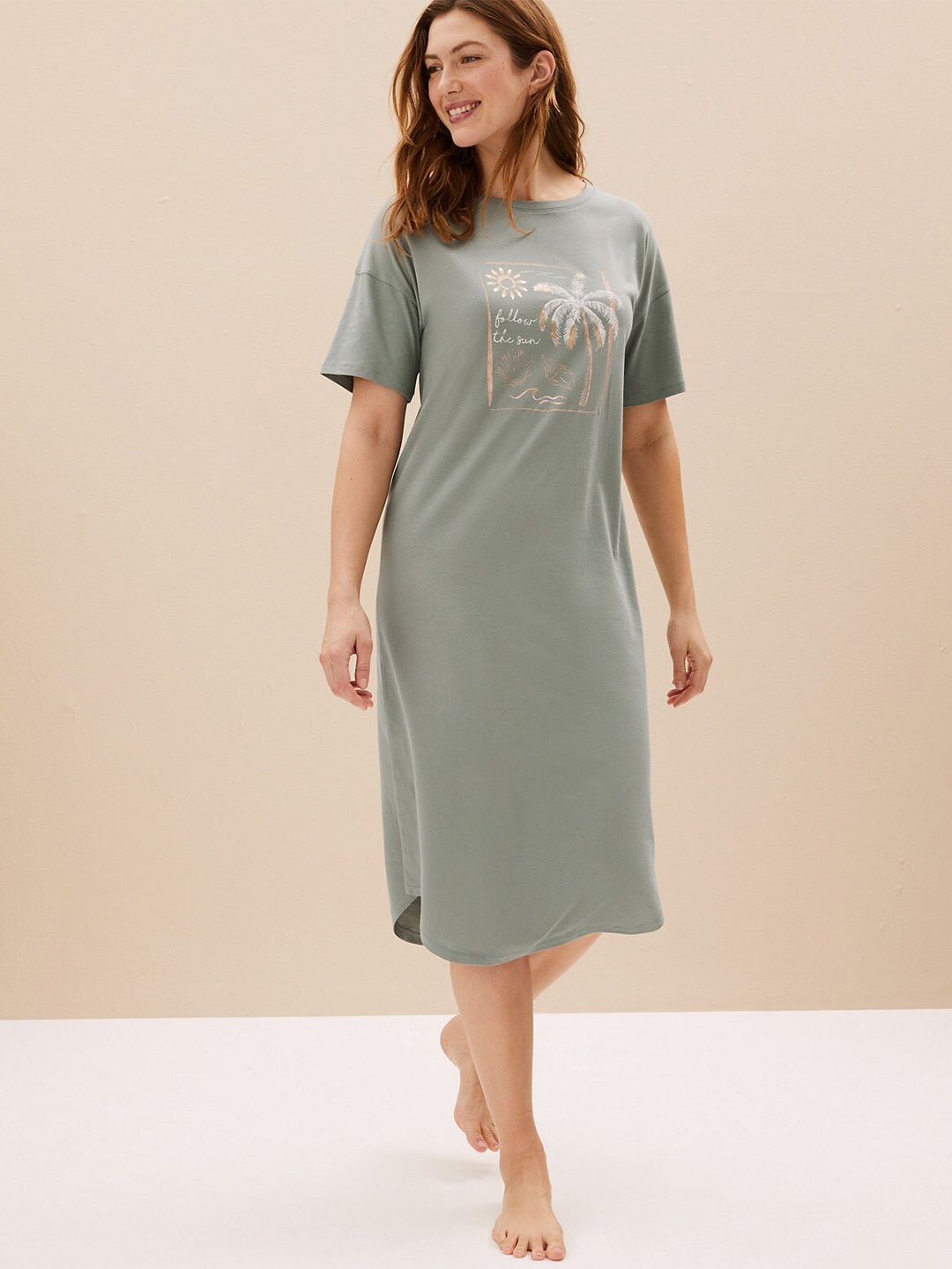 

Marks & Spencer Printed Pure Cotton Nightdress, Grey