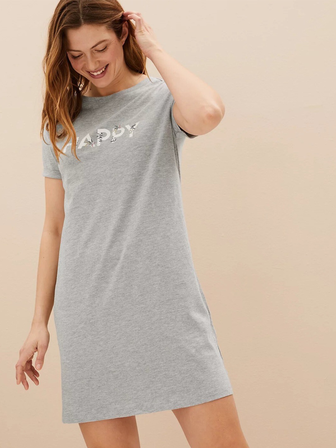 

Marks & Spencer Typography Printed Pure Cotton T-Shirt Nightdress, Grey