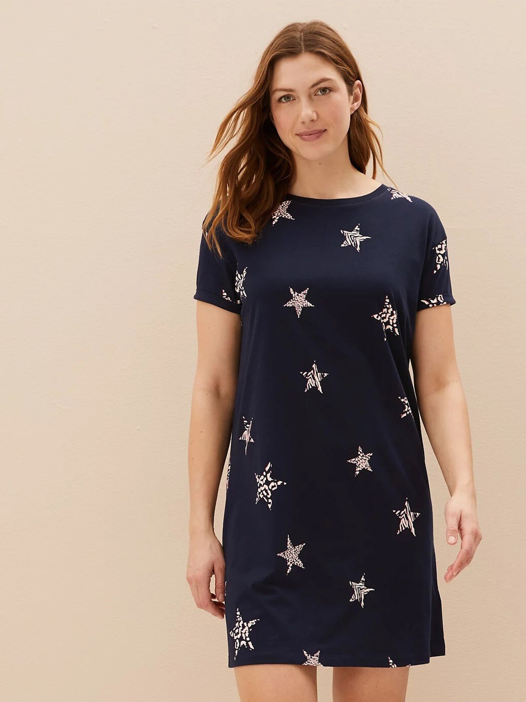 

Marks & Spencer Stars Printed Pure Cotton T-Shirt Nightdress, Navy blue